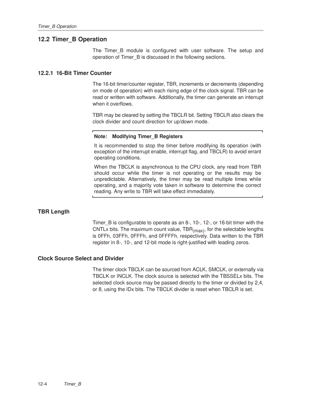 Texas Instruments MSP430x1xx manual TimerB Operation, 12.2.1 16-Bit Timer Counter, TBR Length 