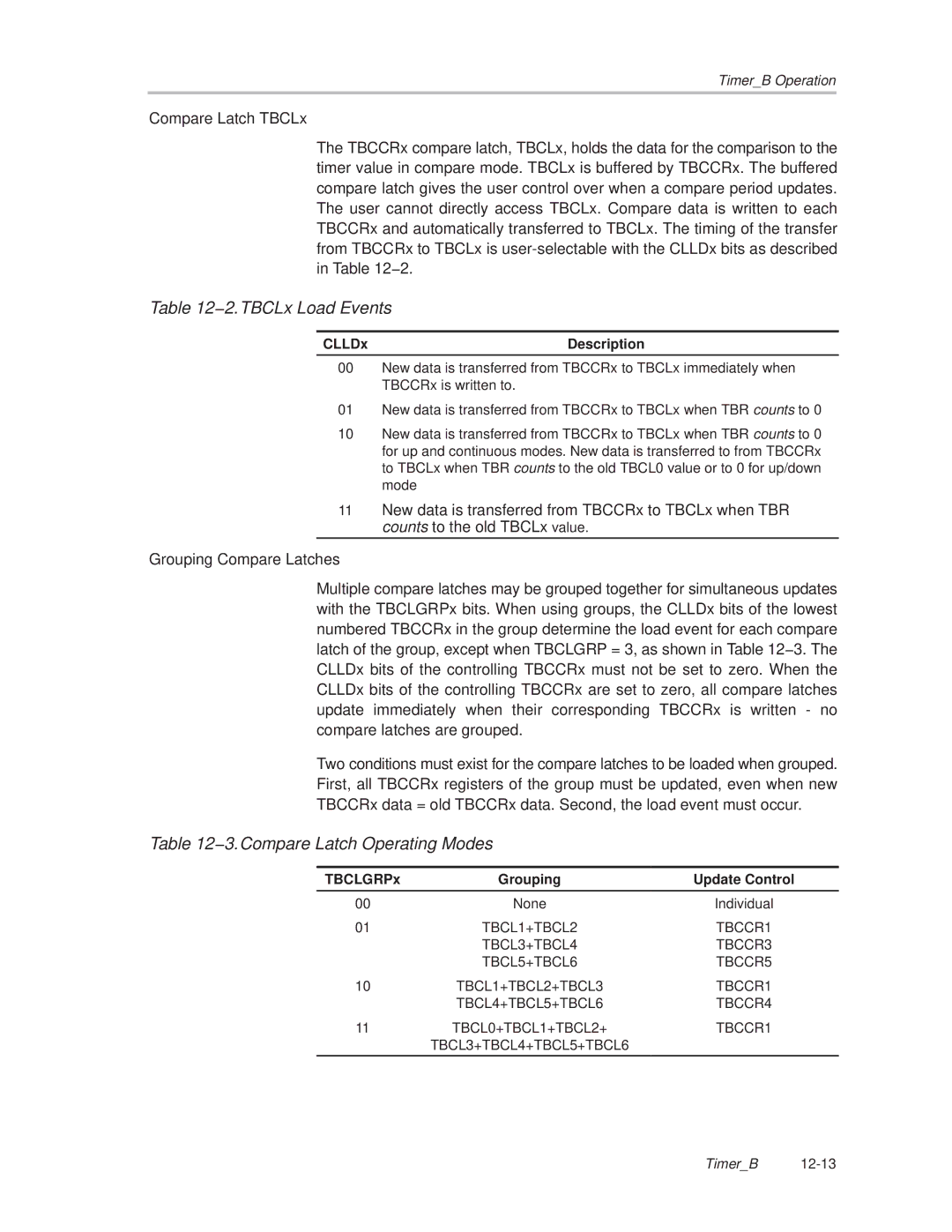 Texas Instruments MSP430x1xx manual 2.TBCLx Load Events, 3.Compare Latch Operating Modes, CLLDx Description 