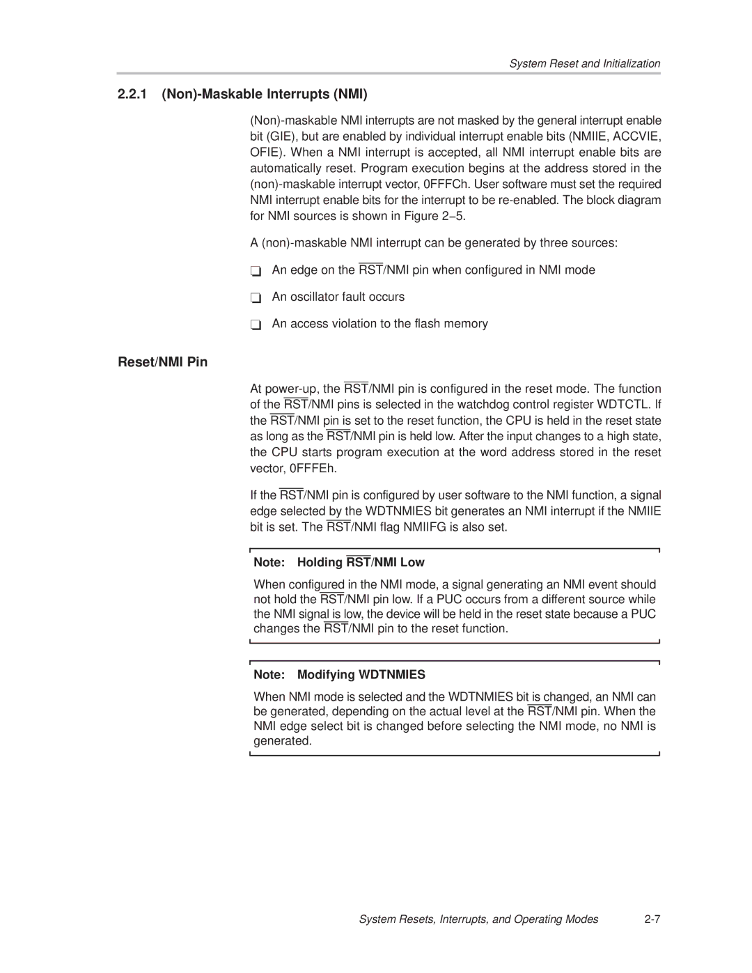 Texas Instruments MSP430x1xx manual Non-Maskable Interrupts NMI, Reset/NMI Pin 