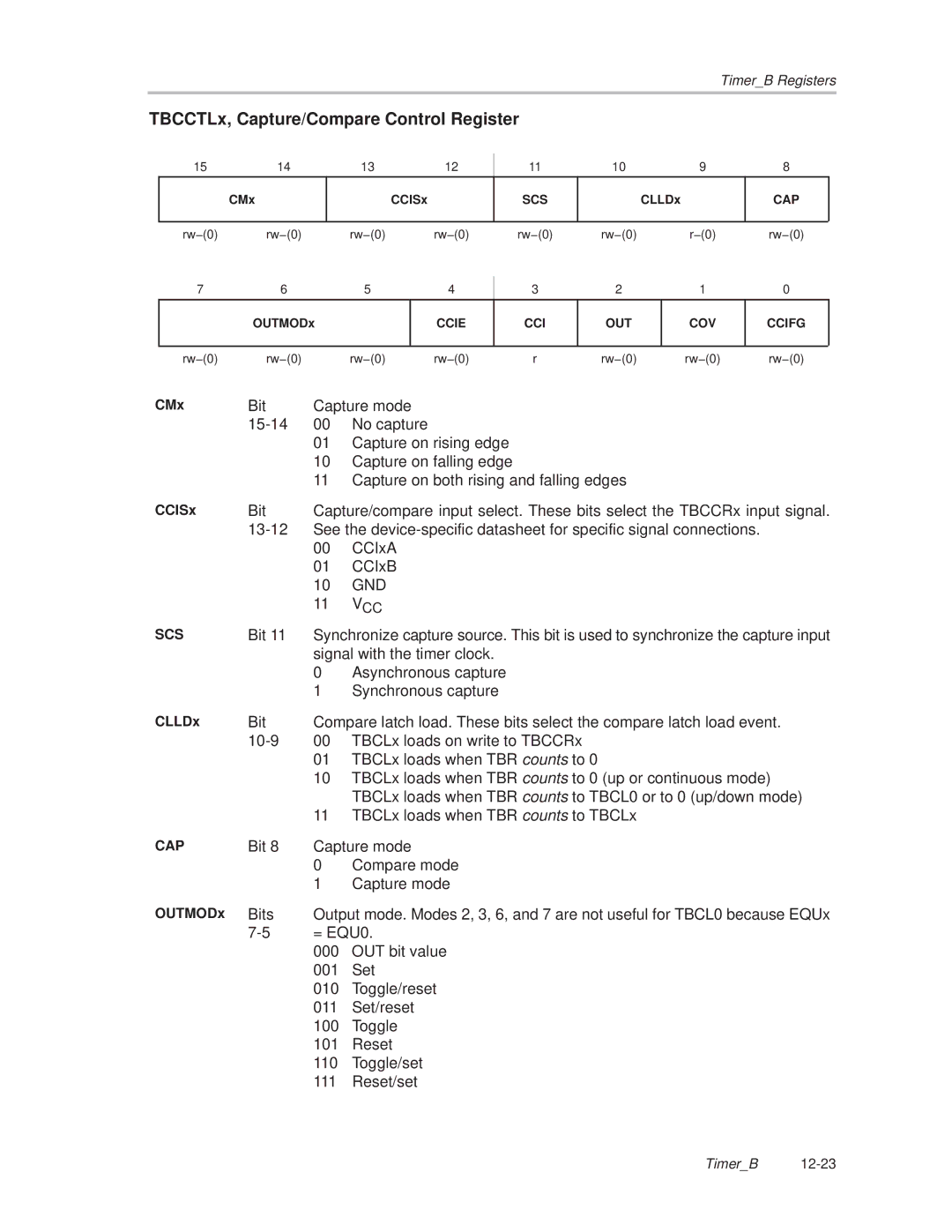 Texas Instruments MSP430x1xx manual TBCCTLx, Capture/Compare Control Register, CLLDx 