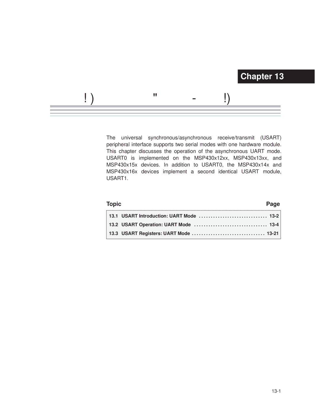 Texas Instruments MSP430x1xx manual Usart Introduction Uart Mode 13-2, Usart Operation Uart Mode 13-4 