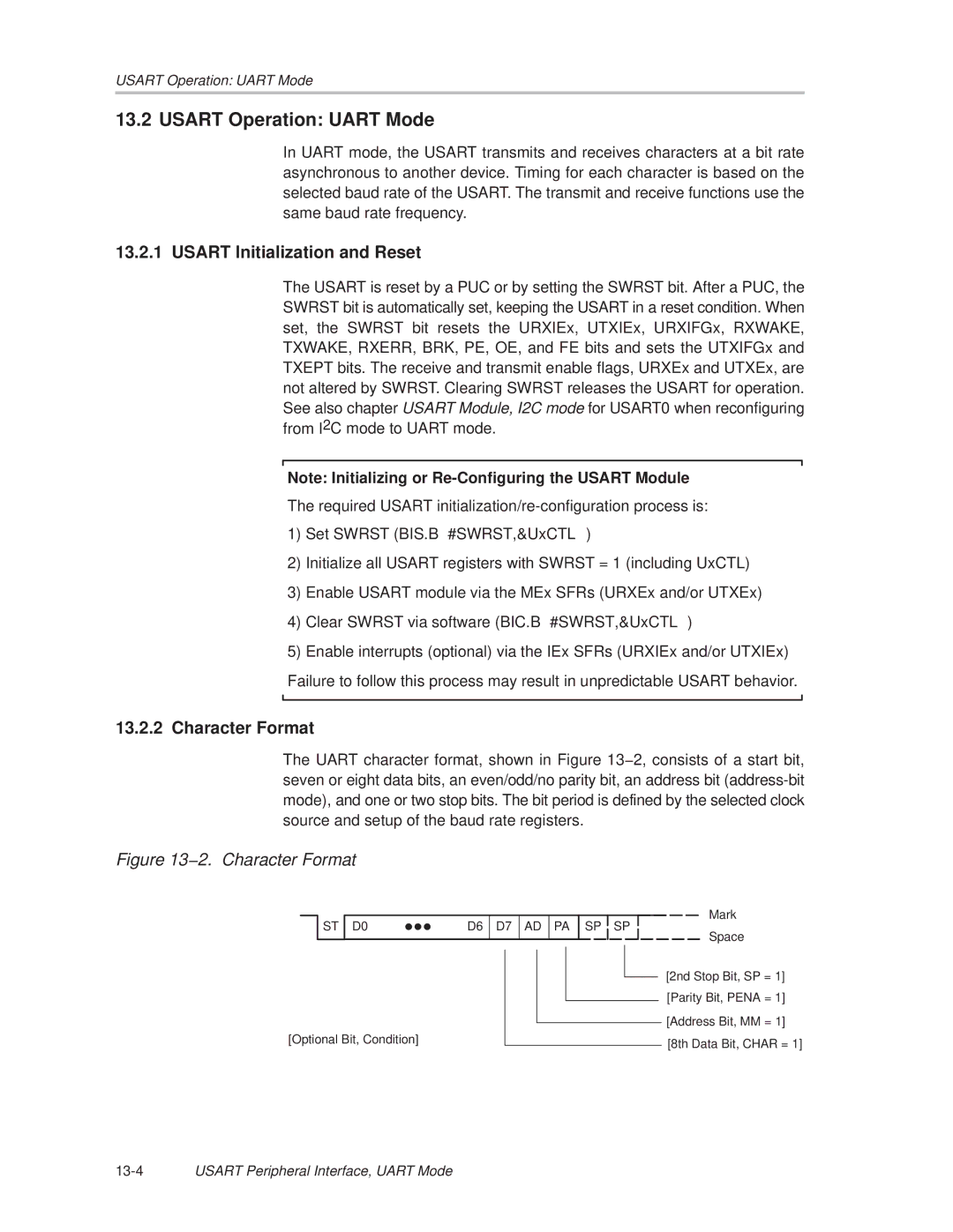 Texas Instruments MSP430x1xx manual Usart Operation Uart Mode, Usart Initialization and Reset, Character Format 