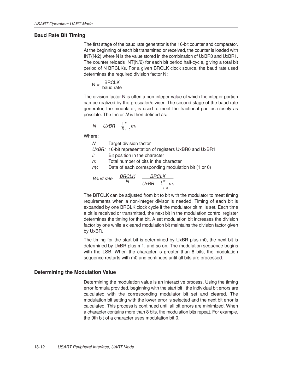 Texas Instruments MSP430x1xx manual Baud Rate Bit Timing, Determining the Modulation Value 