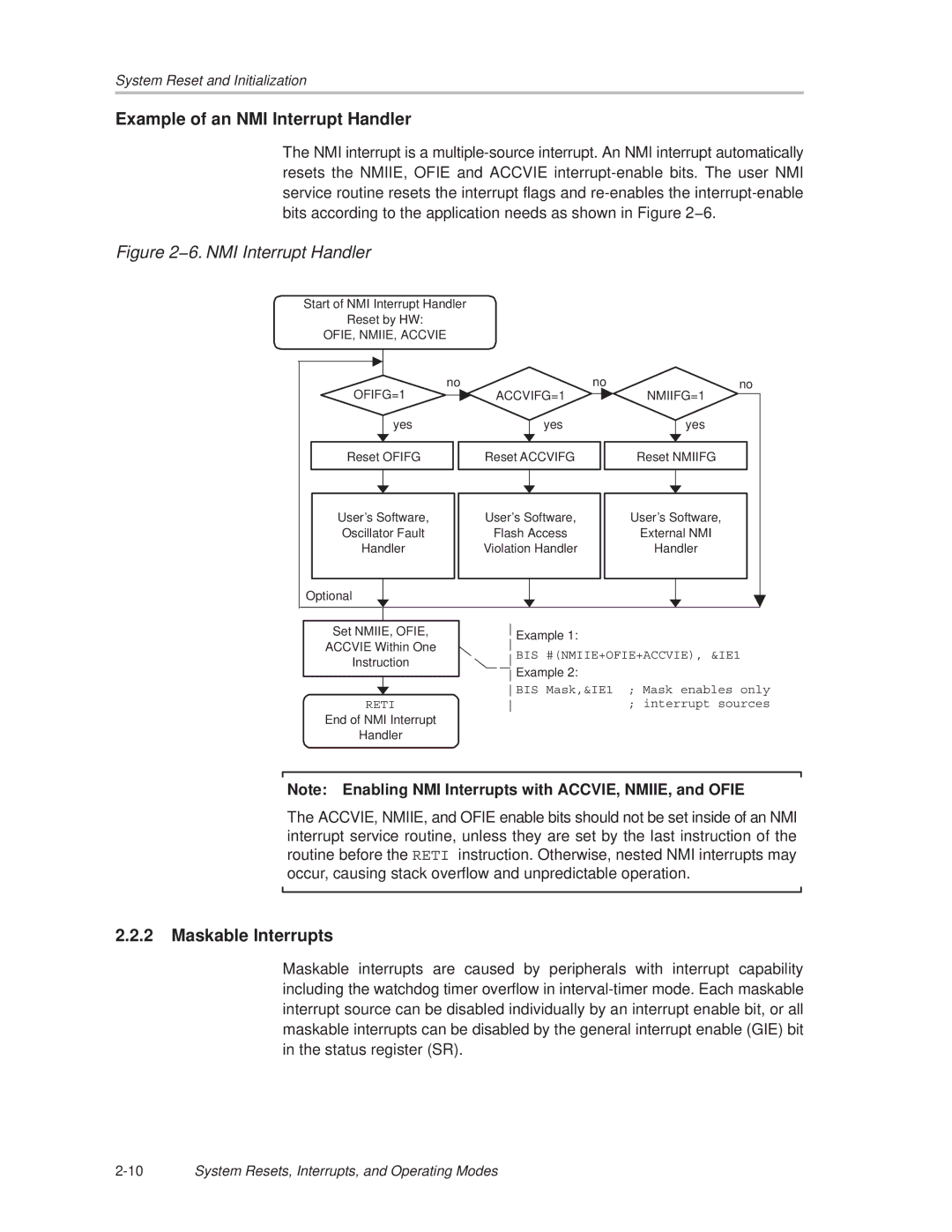 Texas Instruments MSP430x1xx manual Example of an NMI Interrupt Handler, Maskable Interrupts 