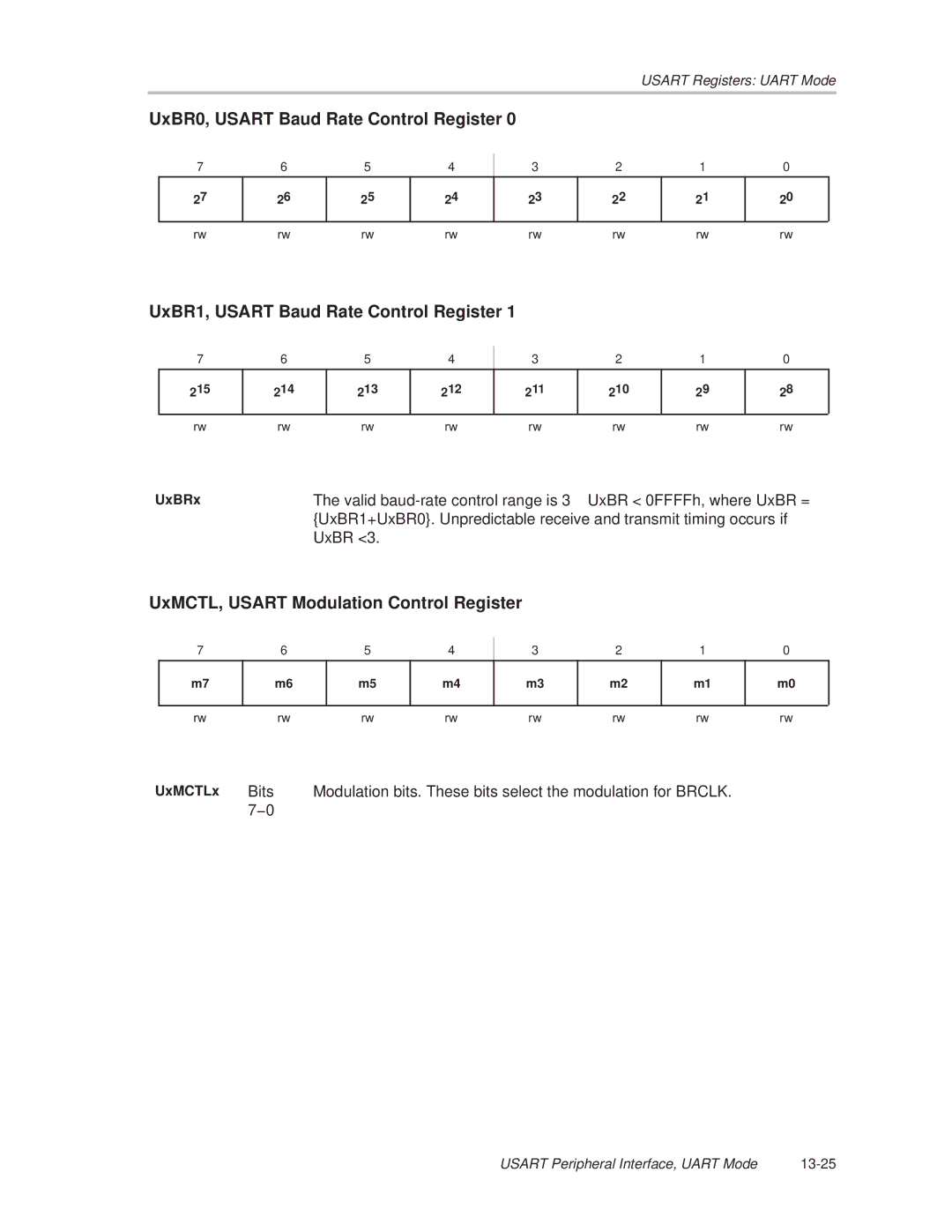 Texas Instruments MSP430x1xx manual UxMCTL, Usart Modulation Control Register, UxBRx, UxMCTLx 