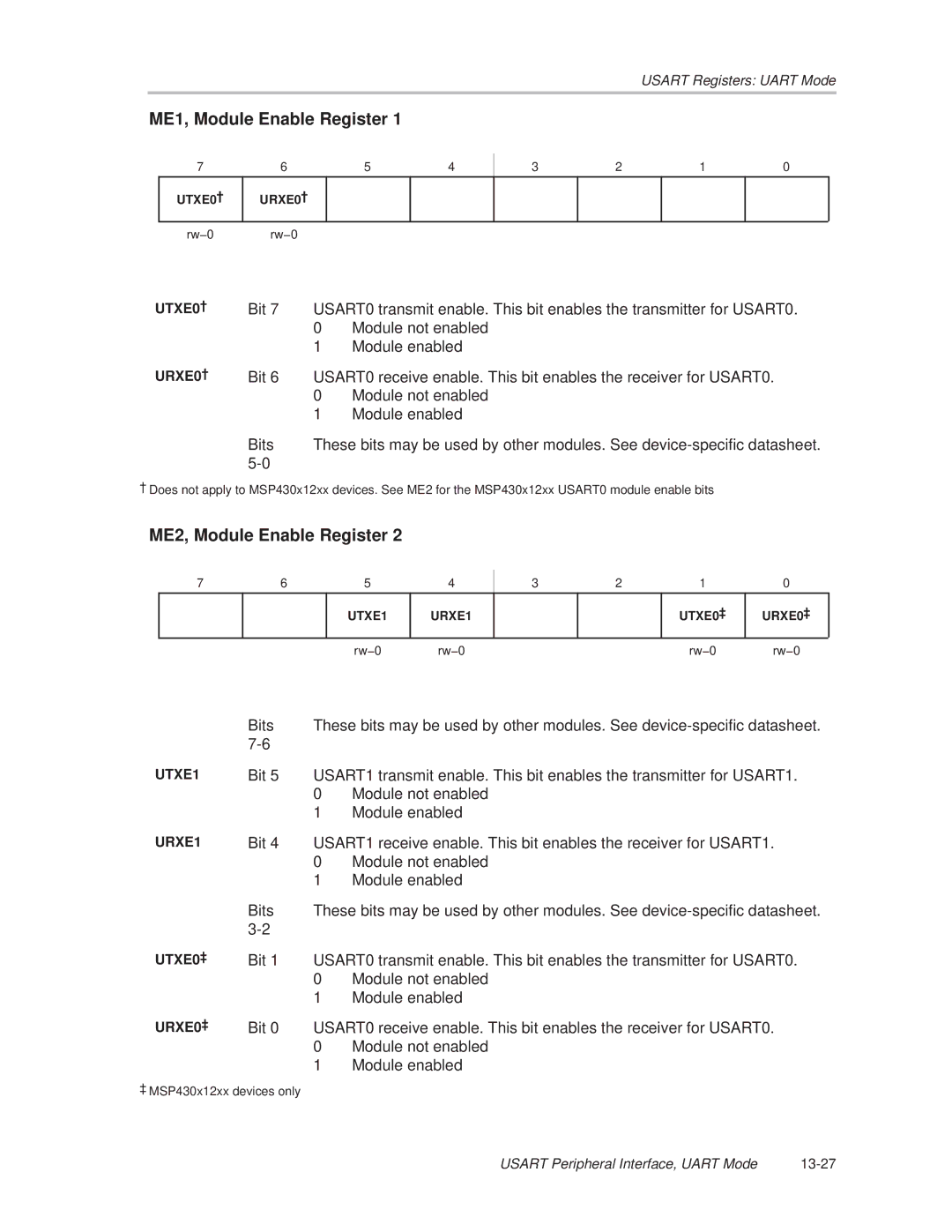 Texas Instruments MSP430x1xx manual ME1, Module Enable Register, ME2, Module Enable Register 