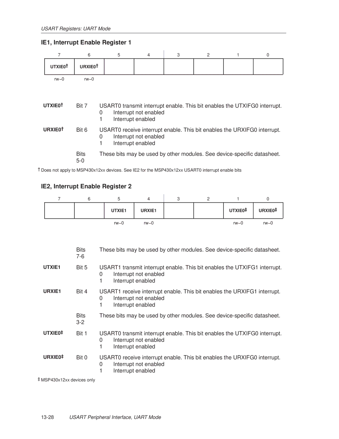 Texas Instruments MSP430x1xx manual IE1, Interrupt Enable Register, IE2, Interrupt Enable Register 