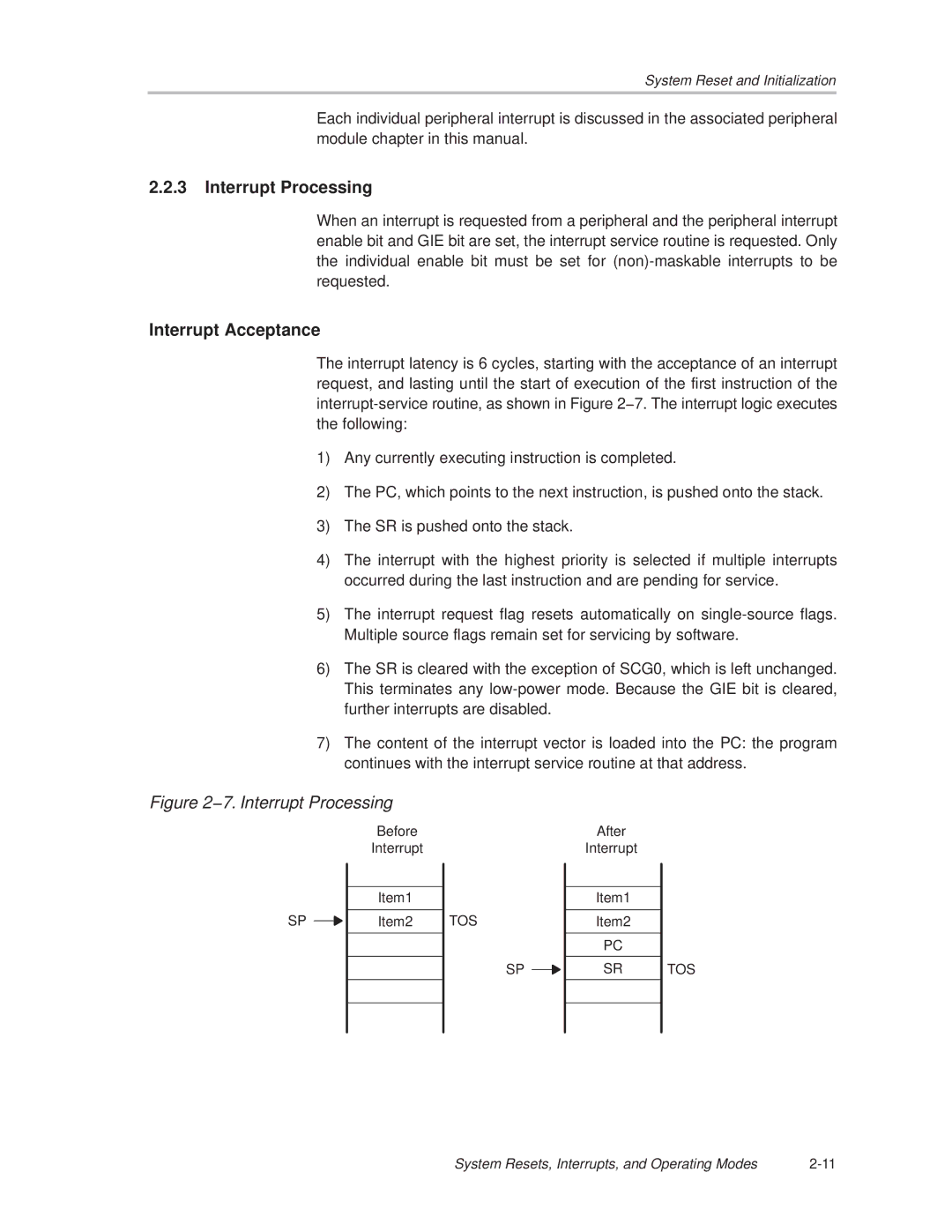 Texas Instruments MSP430x1xx manual Interrupt Processing, Interrupt Acceptance 