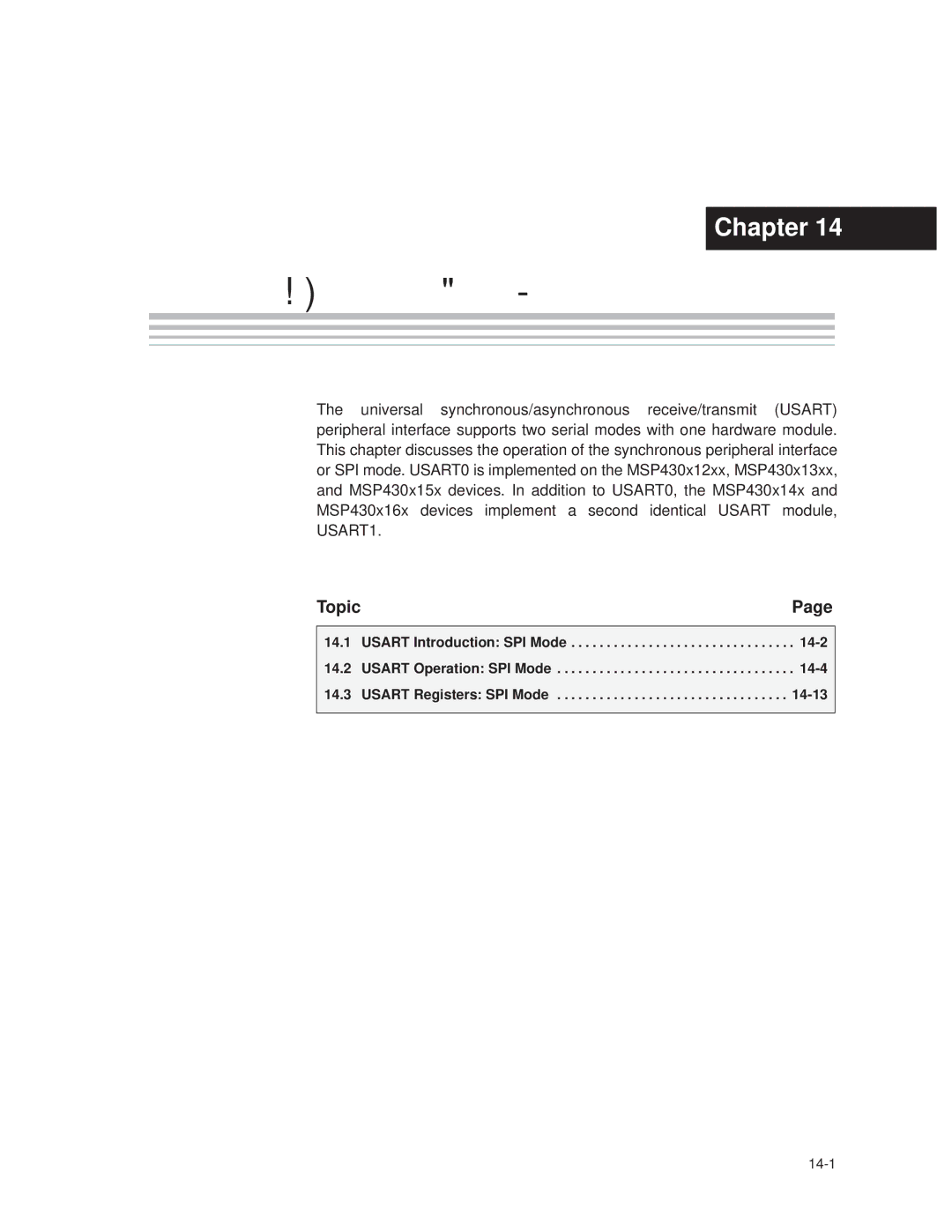 Texas Instruments MSP430x1xx manual Usart Introduction SPI Mode 14-2, Usart Operation SPI Mode 14-4 