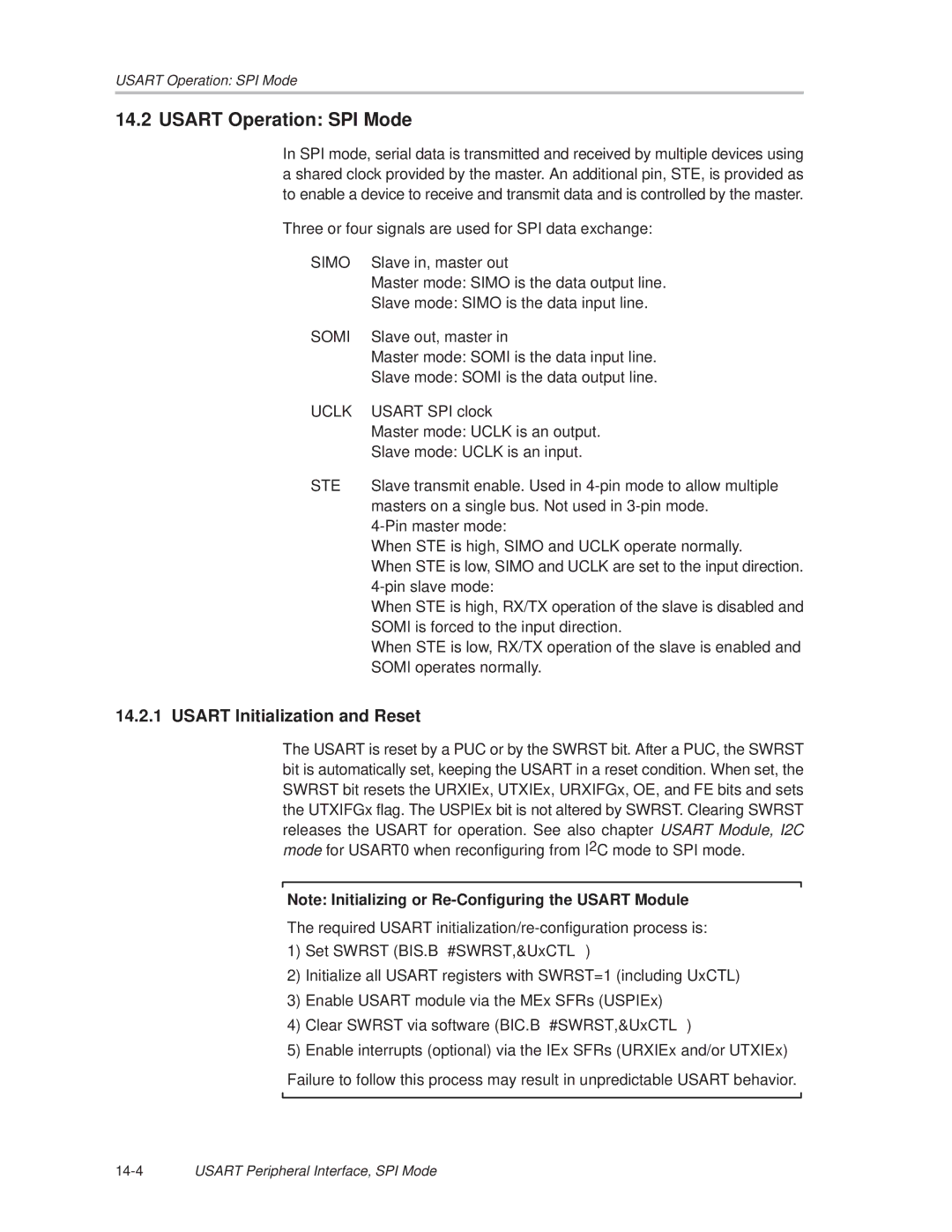 Texas Instruments MSP430x1xx manual Usart Operation SPI Mode, Simo 