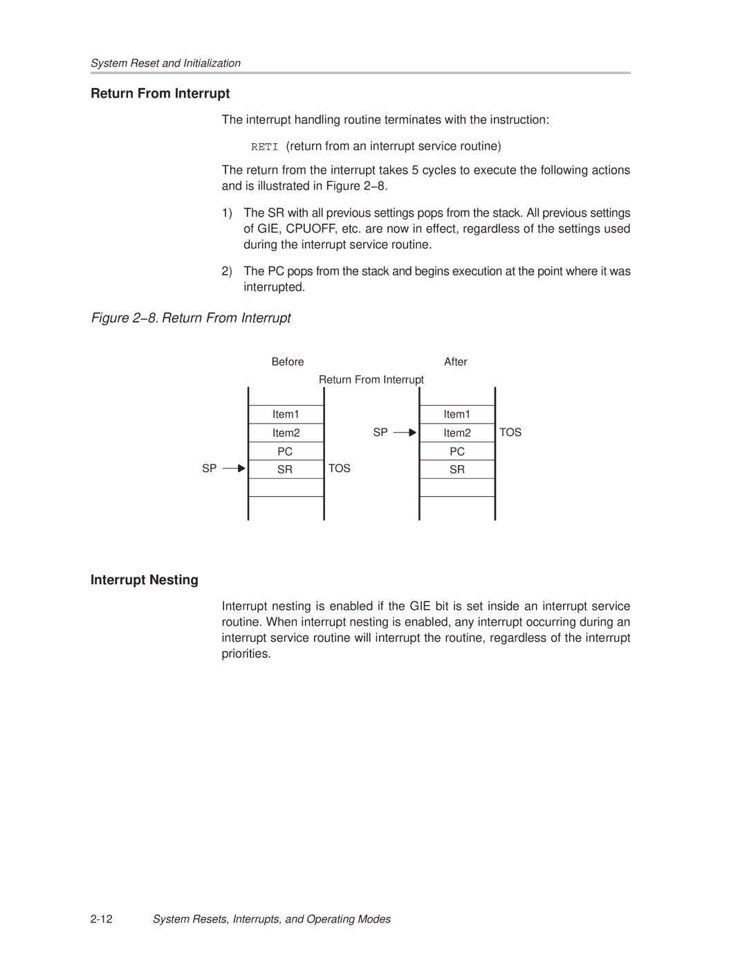 Texas Instruments MSP430x1xx manual Return From Interrupt, Interrupt Nesting 