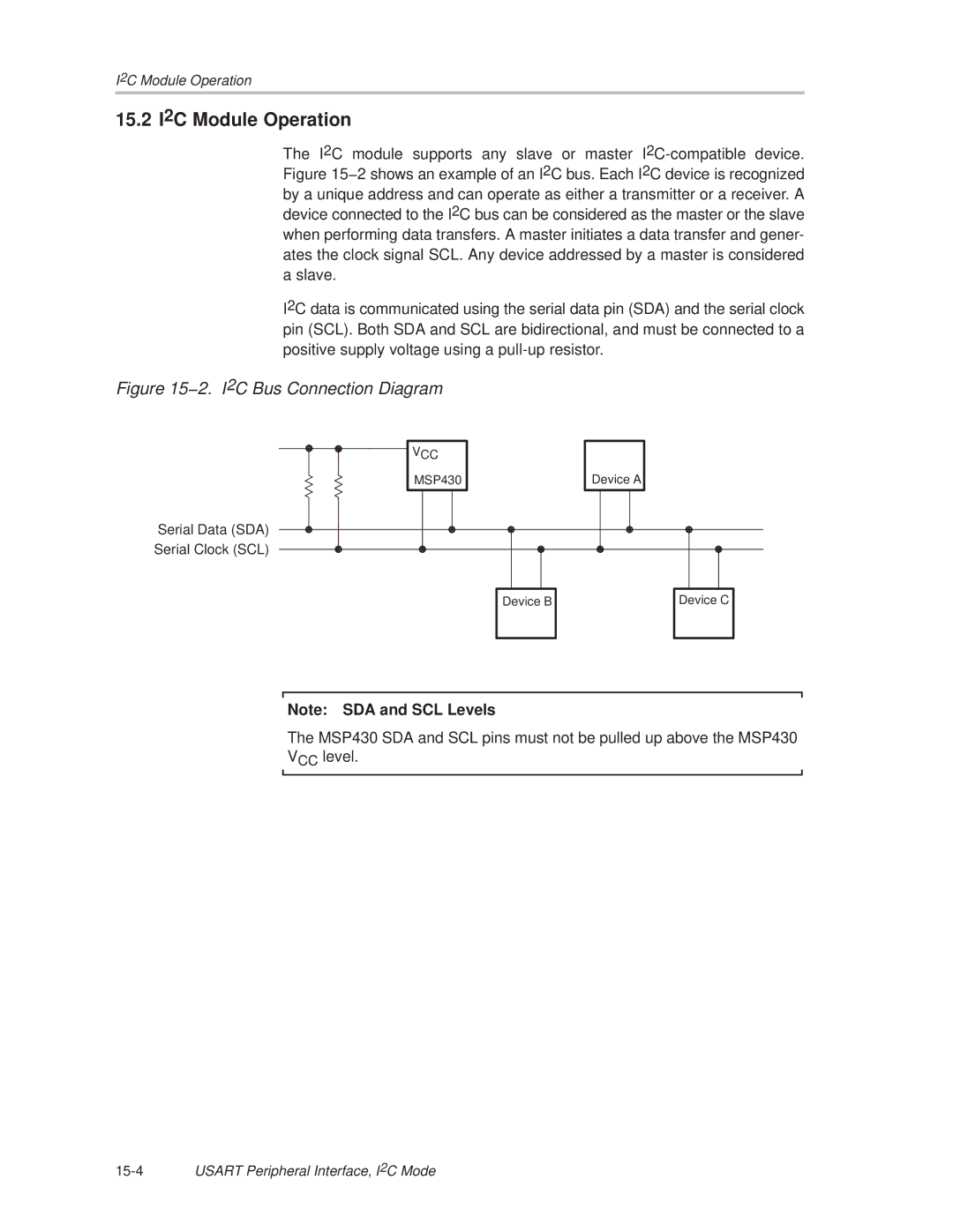 Texas Instruments MSP430x1xx manual 15.2 I2C Module Operation, 2. I 2C Bus Connection Diagram 