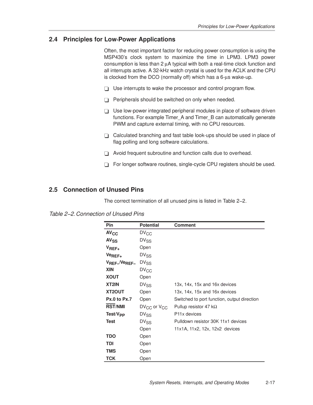 Texas Instruments MSP430x1xx manual Principles for Low-Power Applications, Connection of Unused Pins 