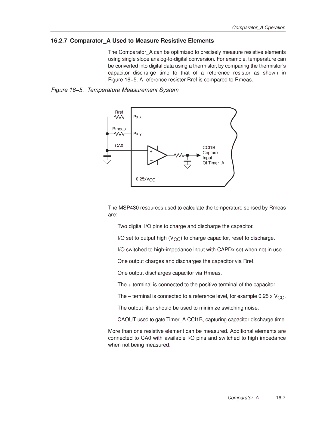 Texas Instruments MSP430x1xx manual ComparatorA Used to Measure Resistive Elements, 5. Temperature Measurement System 