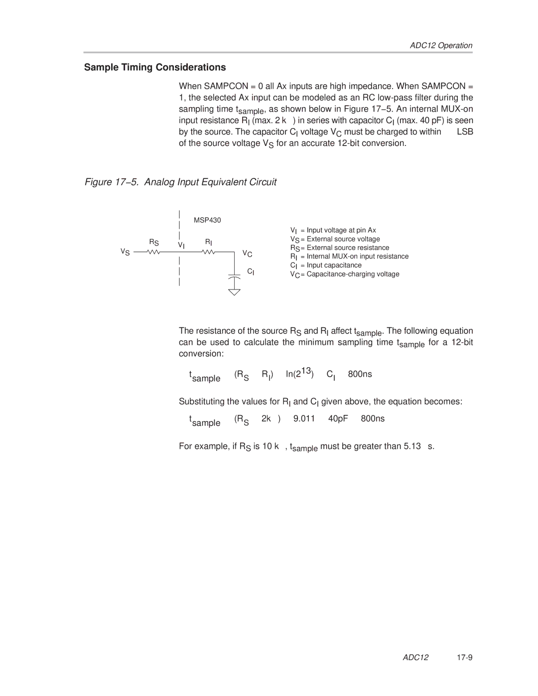 Texas Instruments MSP430x1xx manual Sample Timing Considerations, 5. Analog Input Equivalent Circuit 