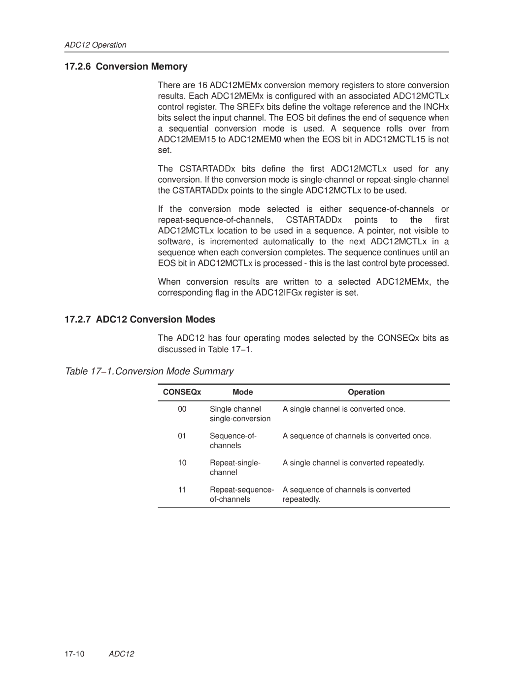 Texas Instruments MSP430x1xx manual Conversion Memory, 17.2.7 ADC12 Conversion Modes, 1.Conversion Mode Summary 