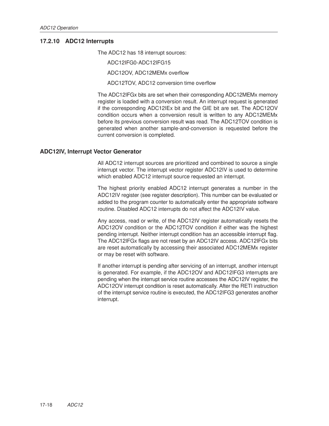 Texas Instruments MSP430x1xx manual 17.2.10 ADC12 Interrupts, ADC12IV, Interrupt Vector Generator 