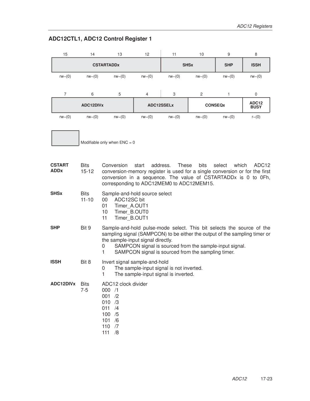 Texas Instruments MSP430x1xx manual ADC12CTL1, ADC12 Control Register, ADDx, SHSx, ADC12DIVx 