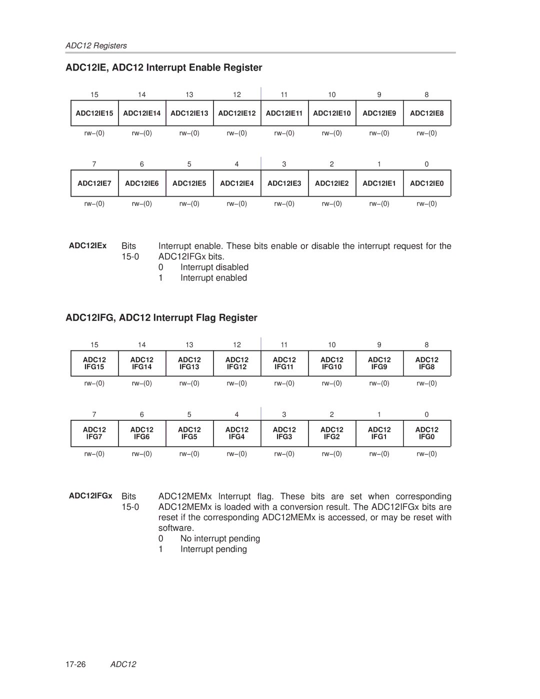 Texas Instruments MSP430x1xx ADC12IE, ADC12 Interrupt Enable Register, ADC12IFG, ADC12 Interrupt Flag Register, ADC12IEx 