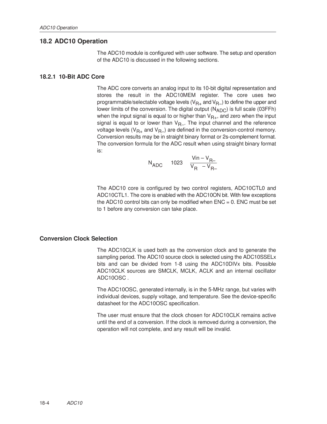 Texas Instruments MSP430x1xx manual 18.2 ADC10 Operation, 18.2.1 10-Bit ADC Core 