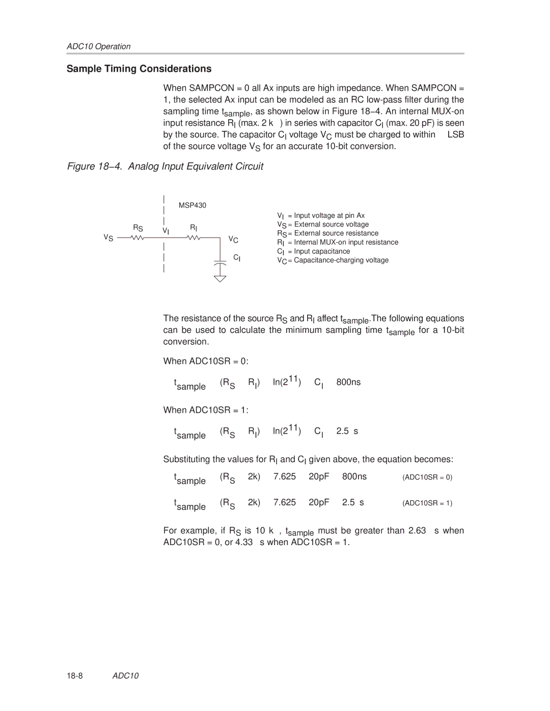 Texas Instruments MSP430x1xx manual 4. Analog Input Equivalent Circuit 