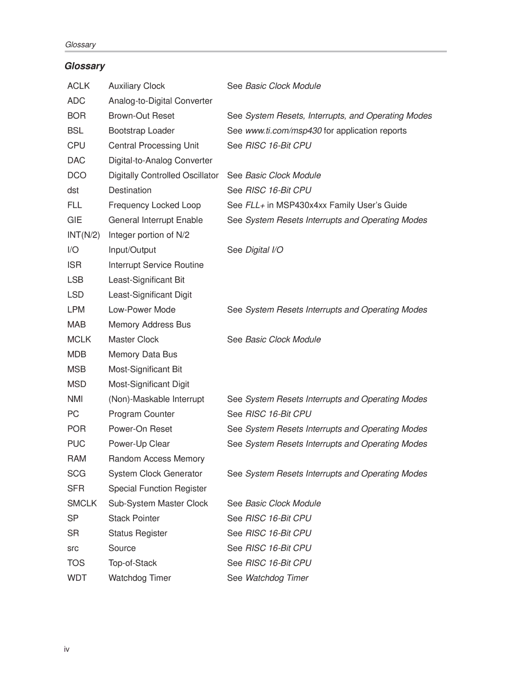 Texas Instruments MSP430x1xx manual Glossary 