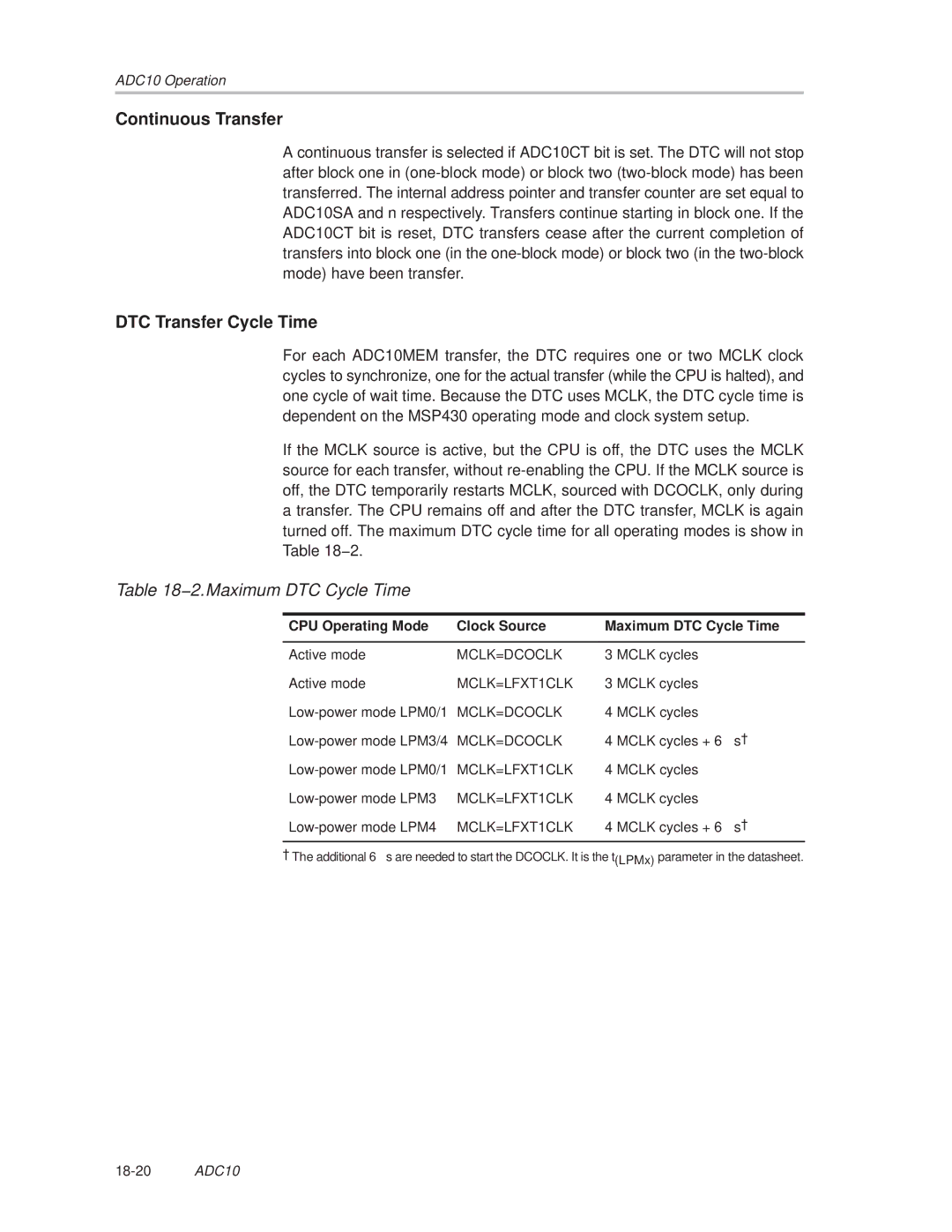 Texas Instruments MSP430x1xx manual Continuous Transfer, DTC Transfer Cycle Time, 2.Maximum DTC Cycle Time 