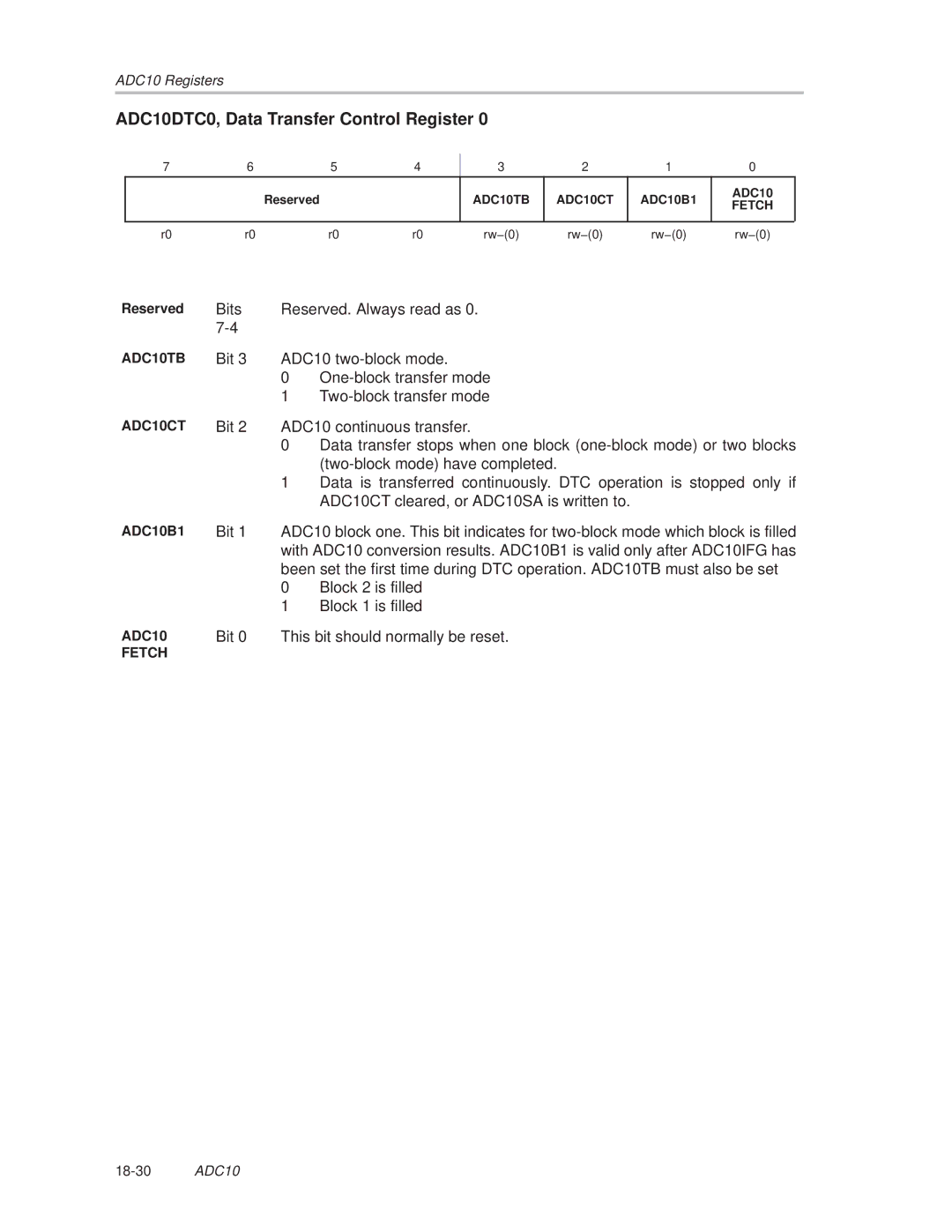 Texas Instruments MSP430x1xx manual ADC10DTC0, Data Transfer Control Register, Reserved 