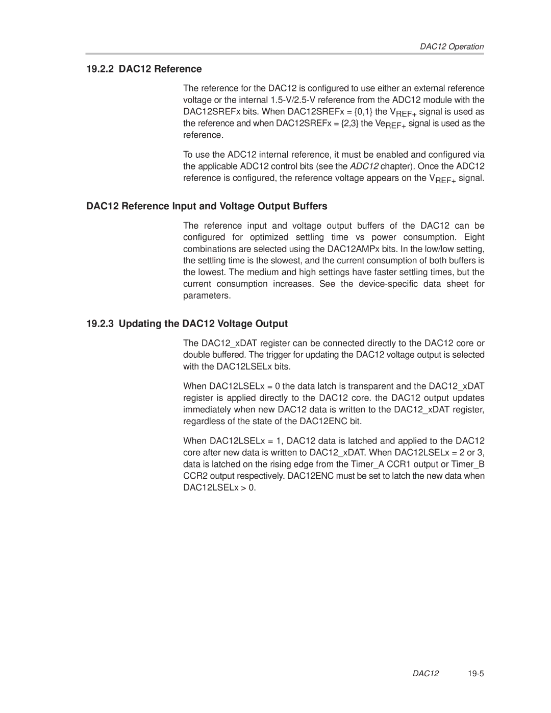 Texas Instruments MSP430x1xx manual 19.2.2 DAC12 Reference, DAC12 Reference Input and Voltage Output Buffers 