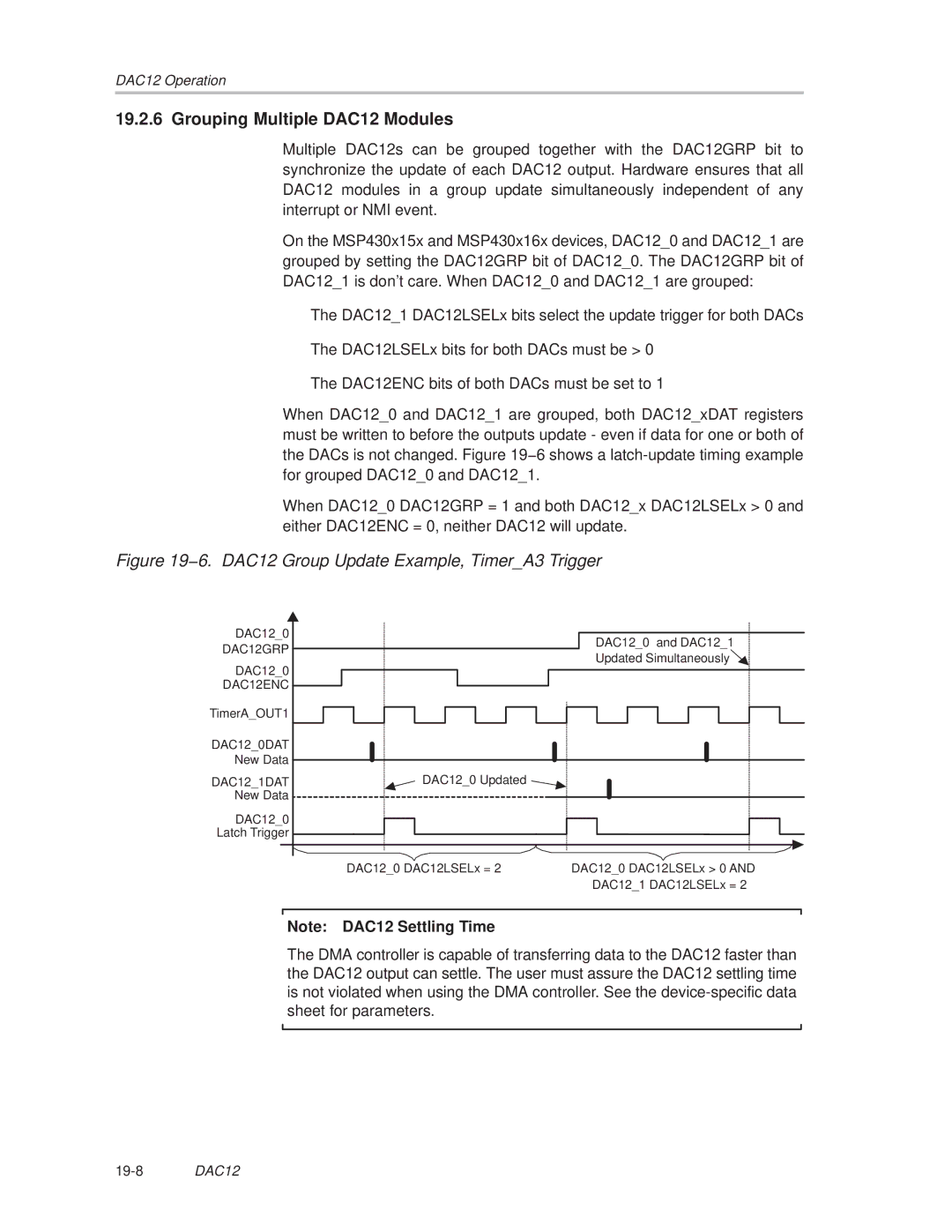 Texas Instruments MSP430x1xx manual Grouping Multiple DAC12 Modules, 6. DAC12 Group Update Example, TimerA3 Trigger 