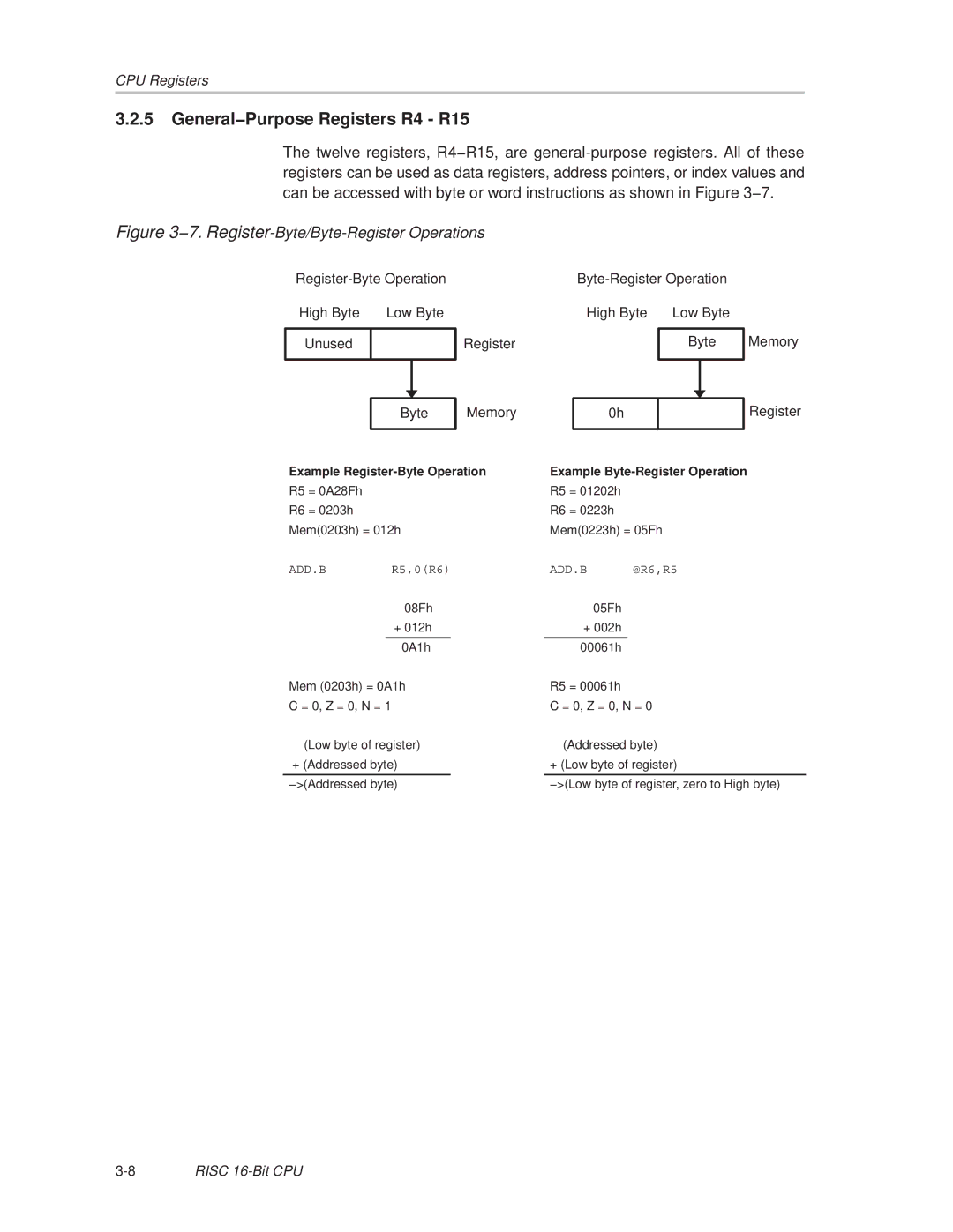 Texas Instruments MSP430x1xx manual General−Purpose Registers R4 R15, 7. Register -Byte/Byte-Register Operations 