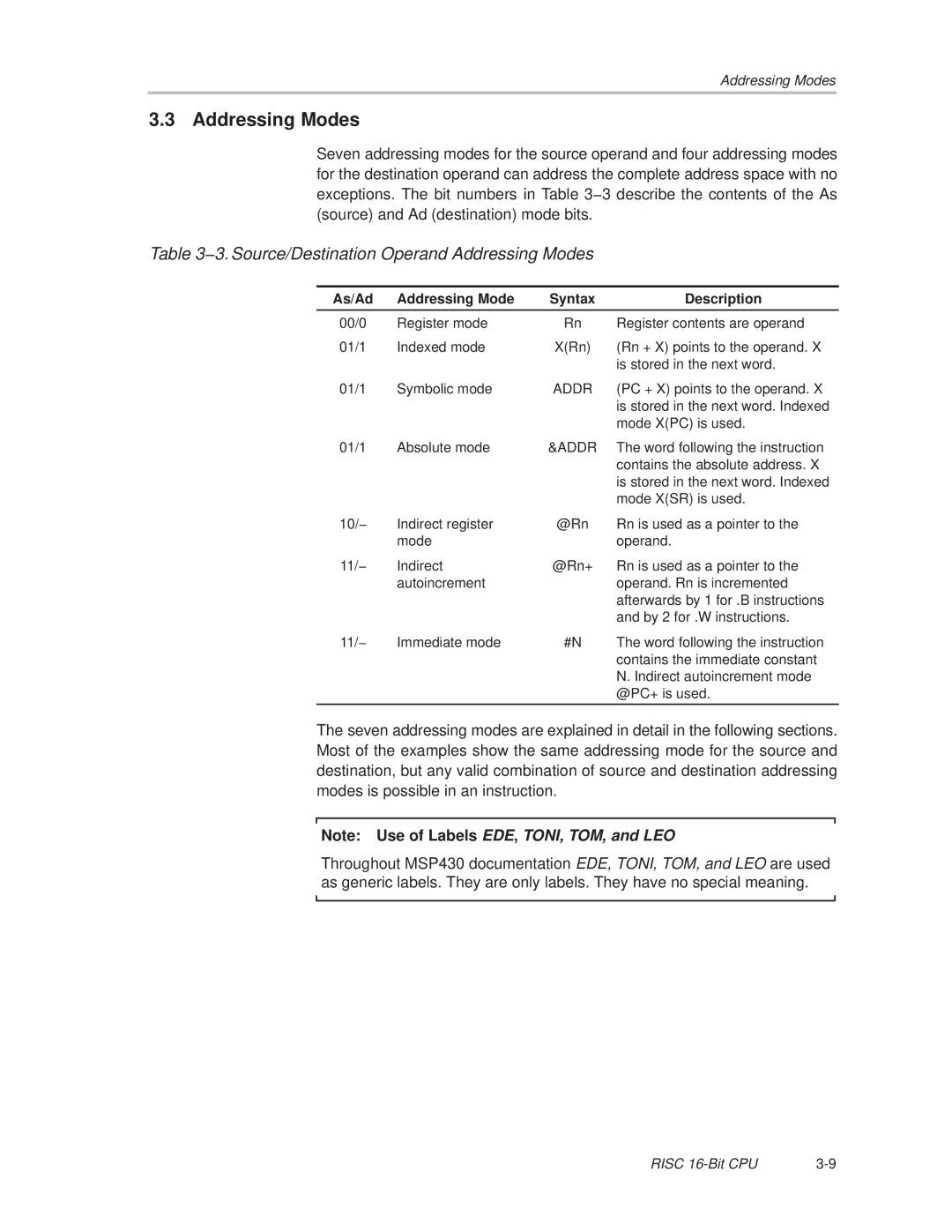 Texas Instruments MSP430x1xx 3. Source/Destination Operand Addressing Modes, As/Ad Addressing Mode Syntax Description 