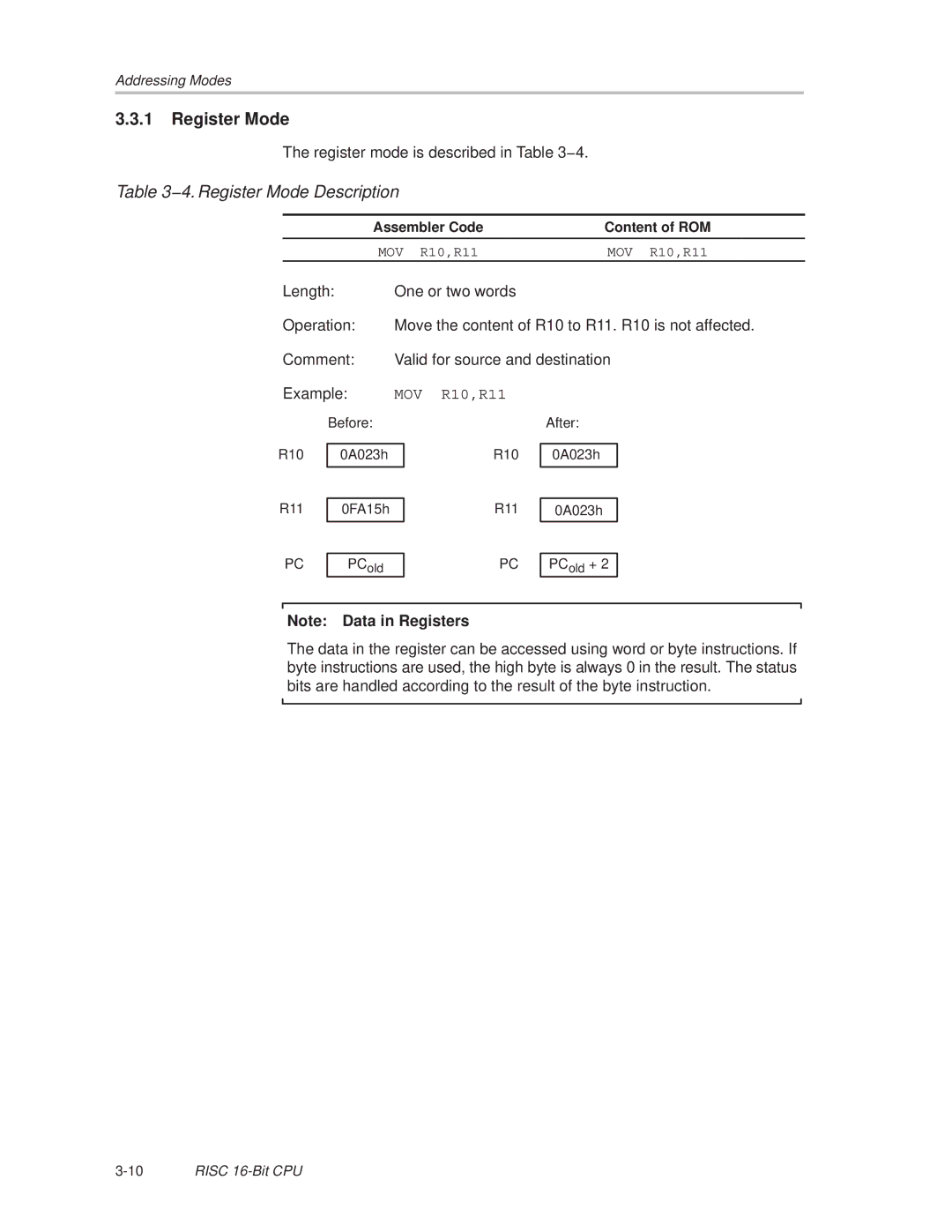 Texas Instruments MSP430x1xx manual 4. Register Mode Description, Assembler Code Content of ROM 