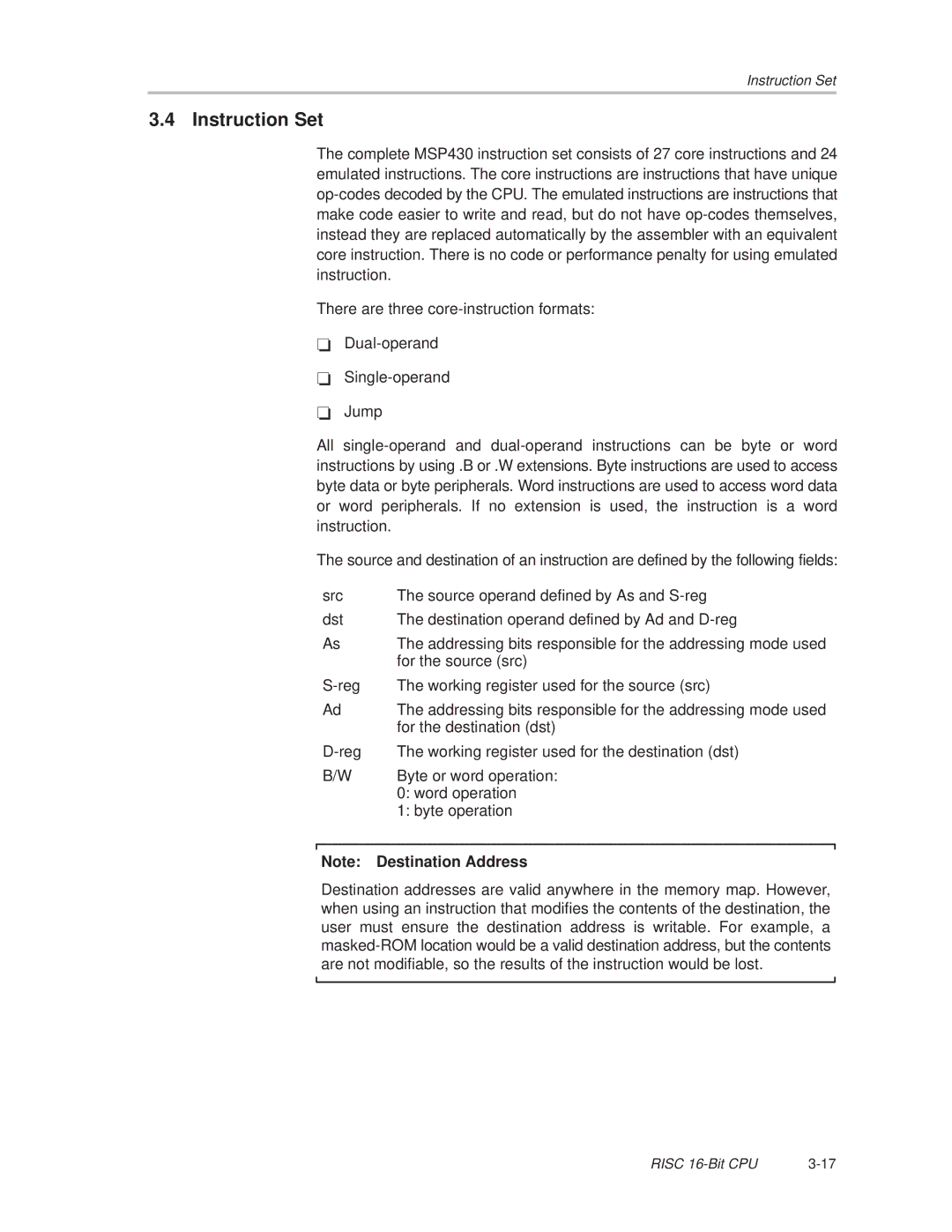 Texas Instruments MSP430x1xx manual Instruction Set 