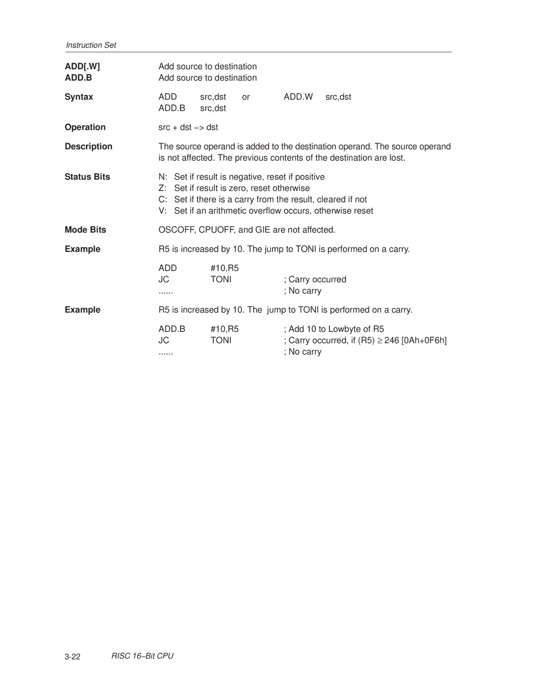 Texas Instruments MSP430x1xx manual Add.W, Add.B 