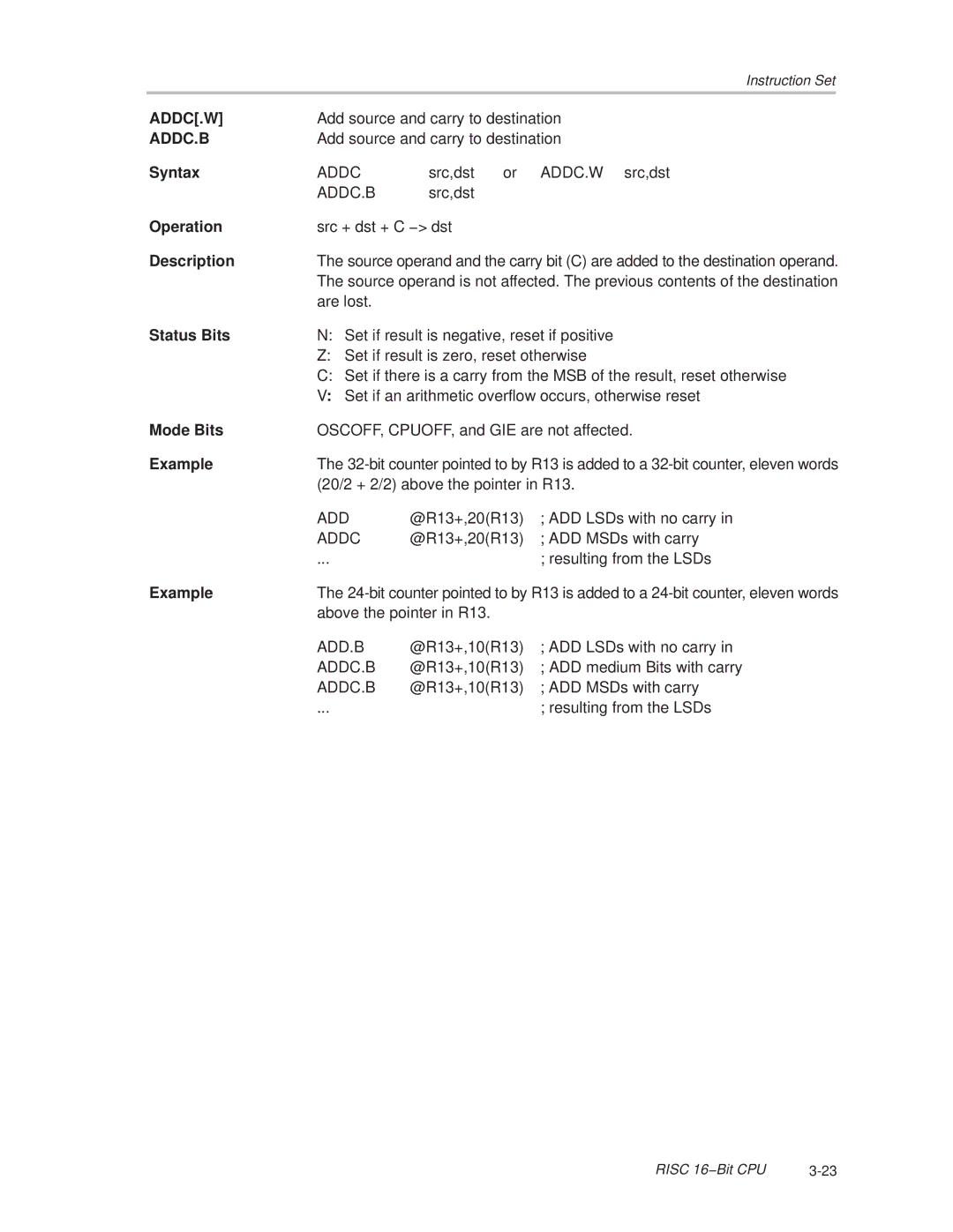 Texas Instruments MSP430x1xx manual Addc.W, Addc.B 