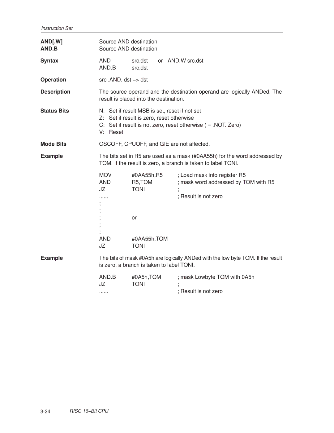 Texas Instruments MSP430x1xx manual And.W, And.B 