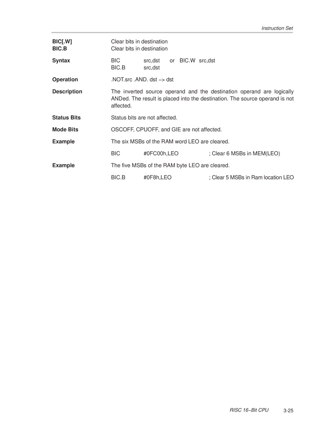Texas Instruments MSP430x1xx manual Bic.W, Bic.B 