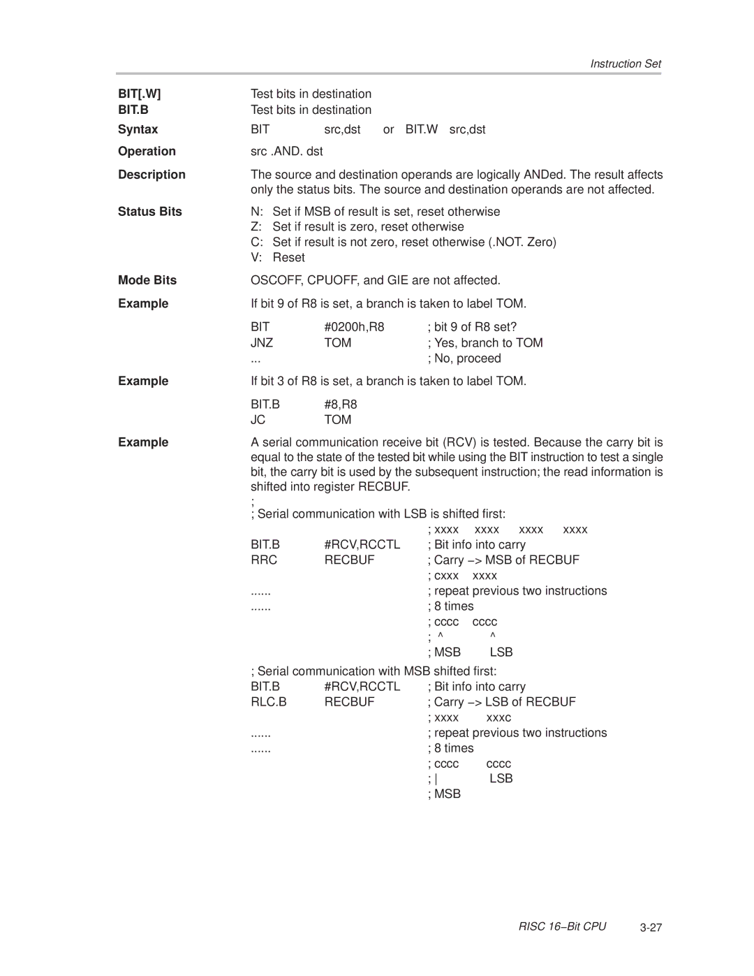 Texas Instruments MSP430x1xx manual Bit.W, Bit.B 