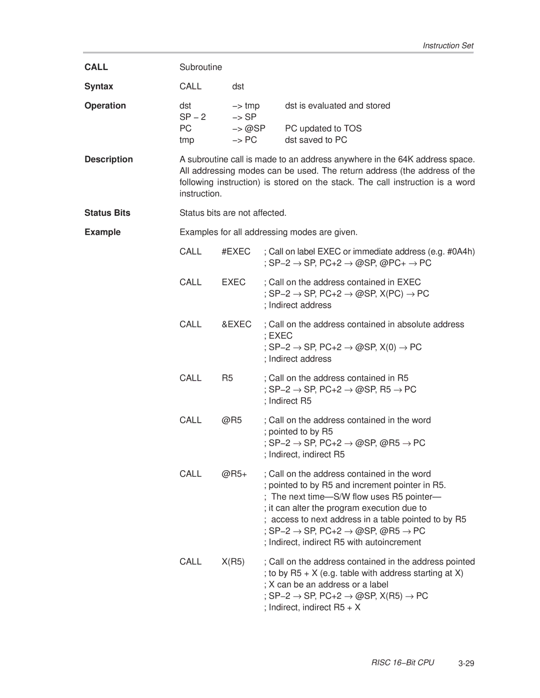 Texas Instruments MSP430x1xx manual Call 