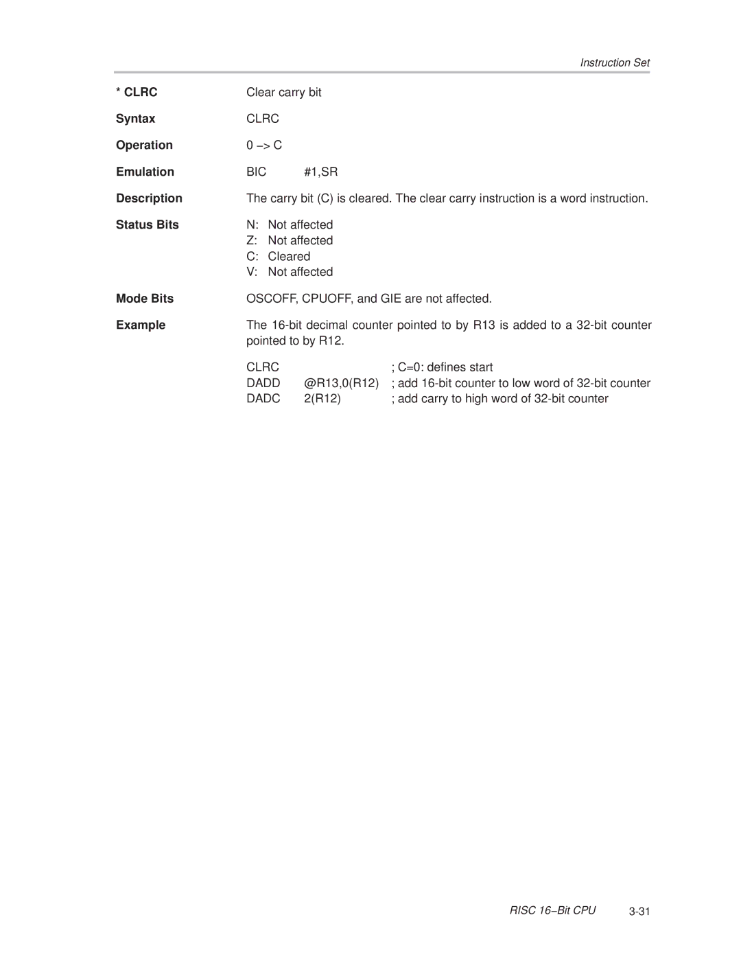 Texas Instruments MSP430x1xx manual Clrc 