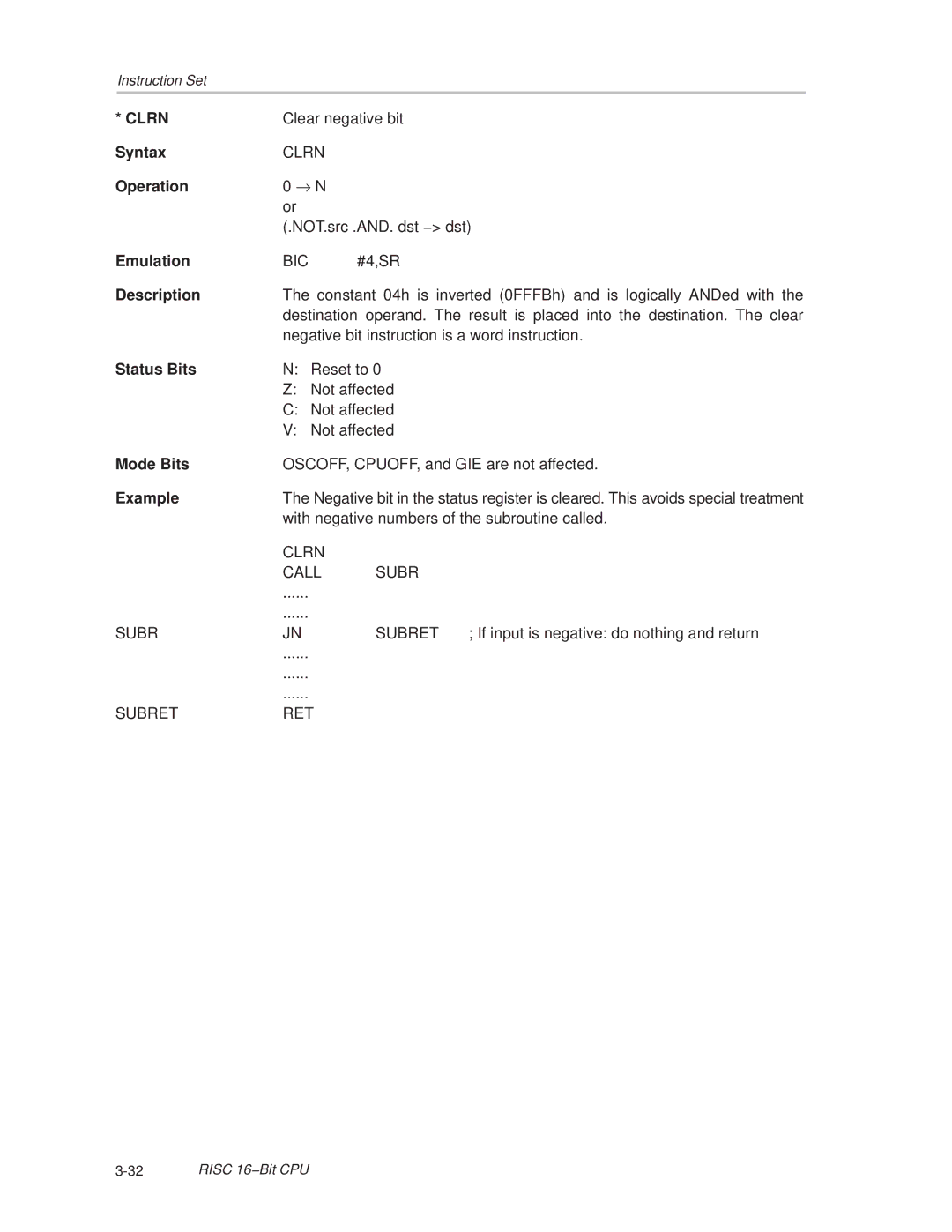 Texas Instruments MSP430x1xx manual Clrn 