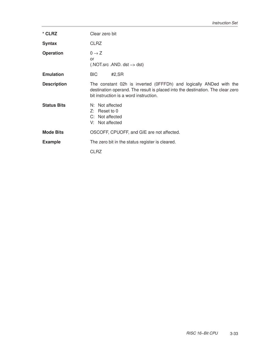 Texas Instruments MSP430x1xx manual Clrz 