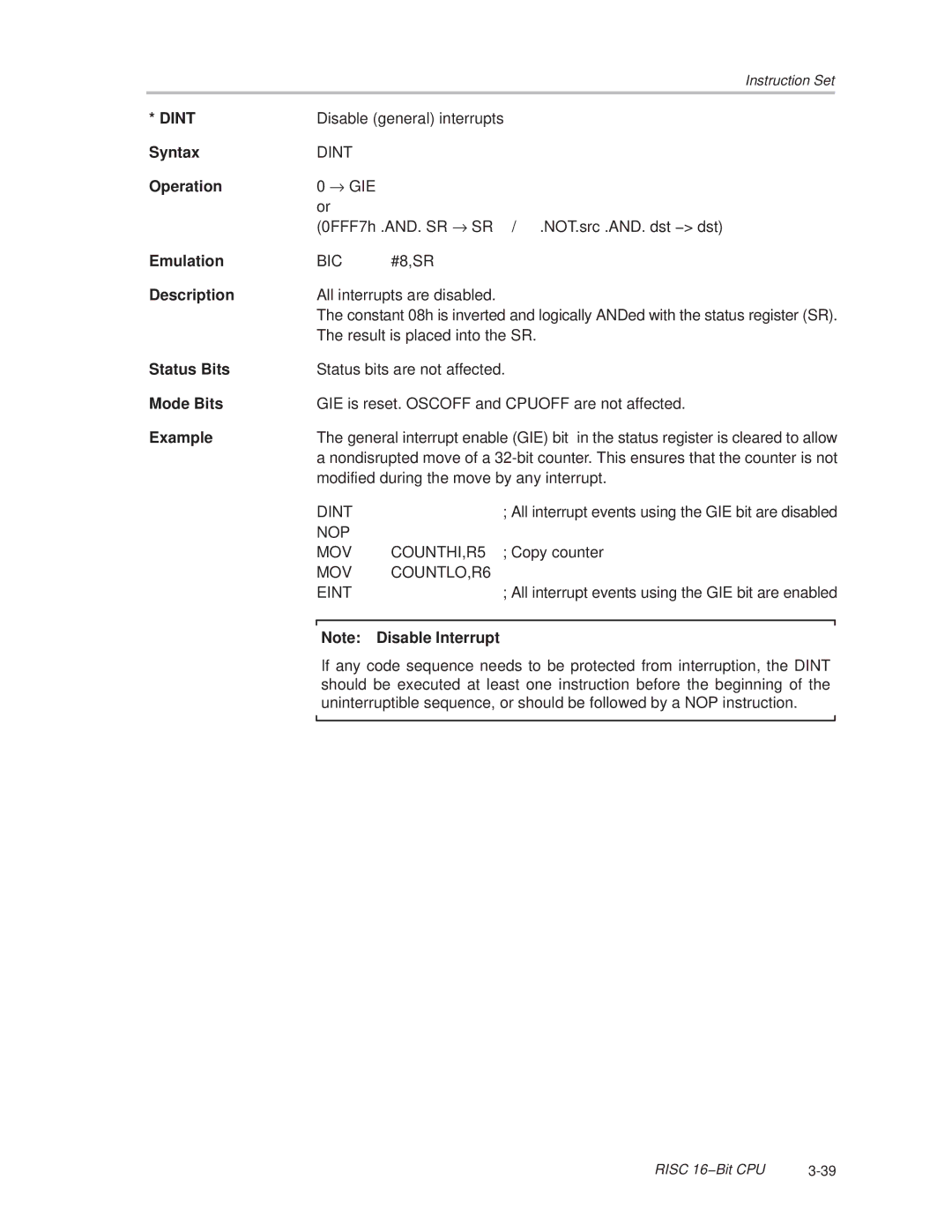 Texas Instruments MSP430x1xx manual Dint, Disable Interrupt 