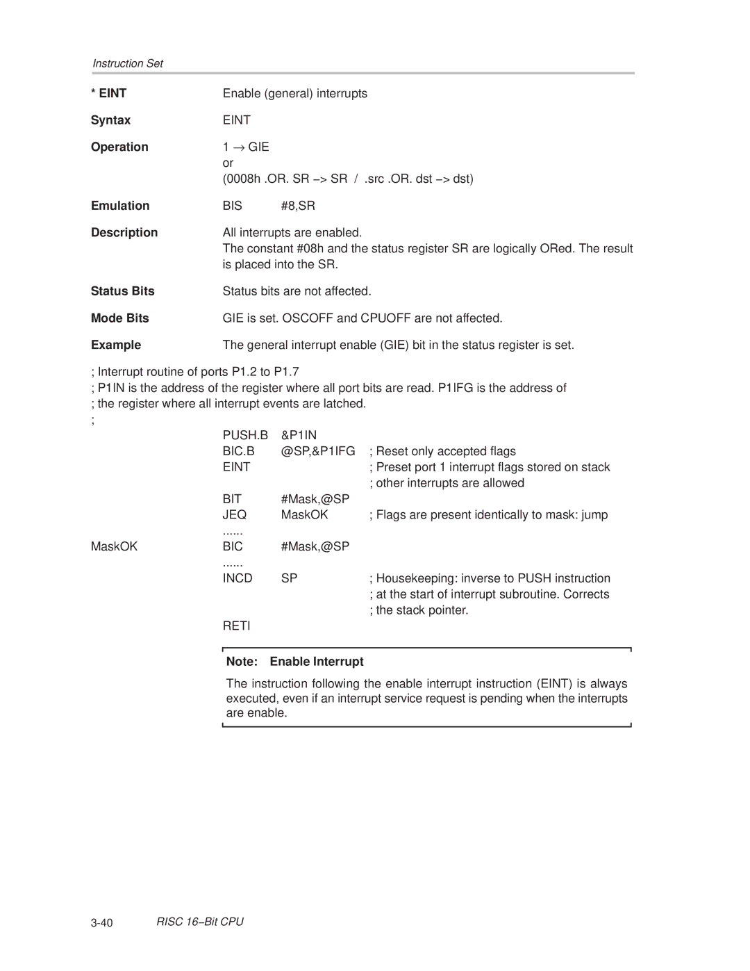 Texas Instruments MSP430x1xx manual Eint, Incd 