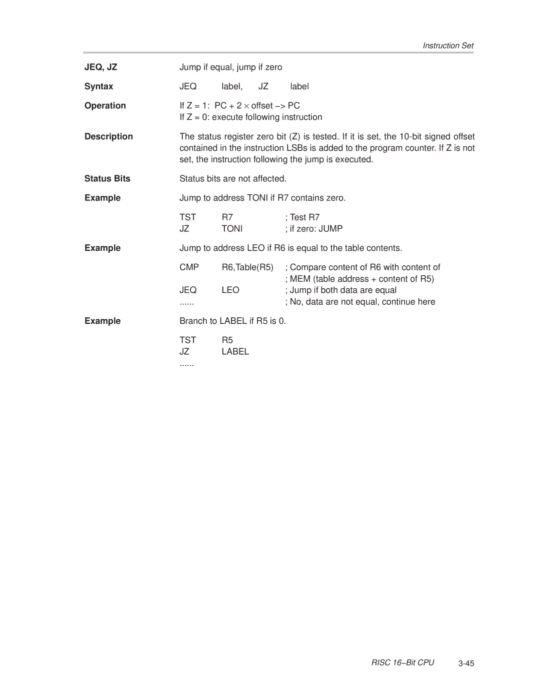 Texas Instruments MSP430x1xx manual Jeq, Jz 