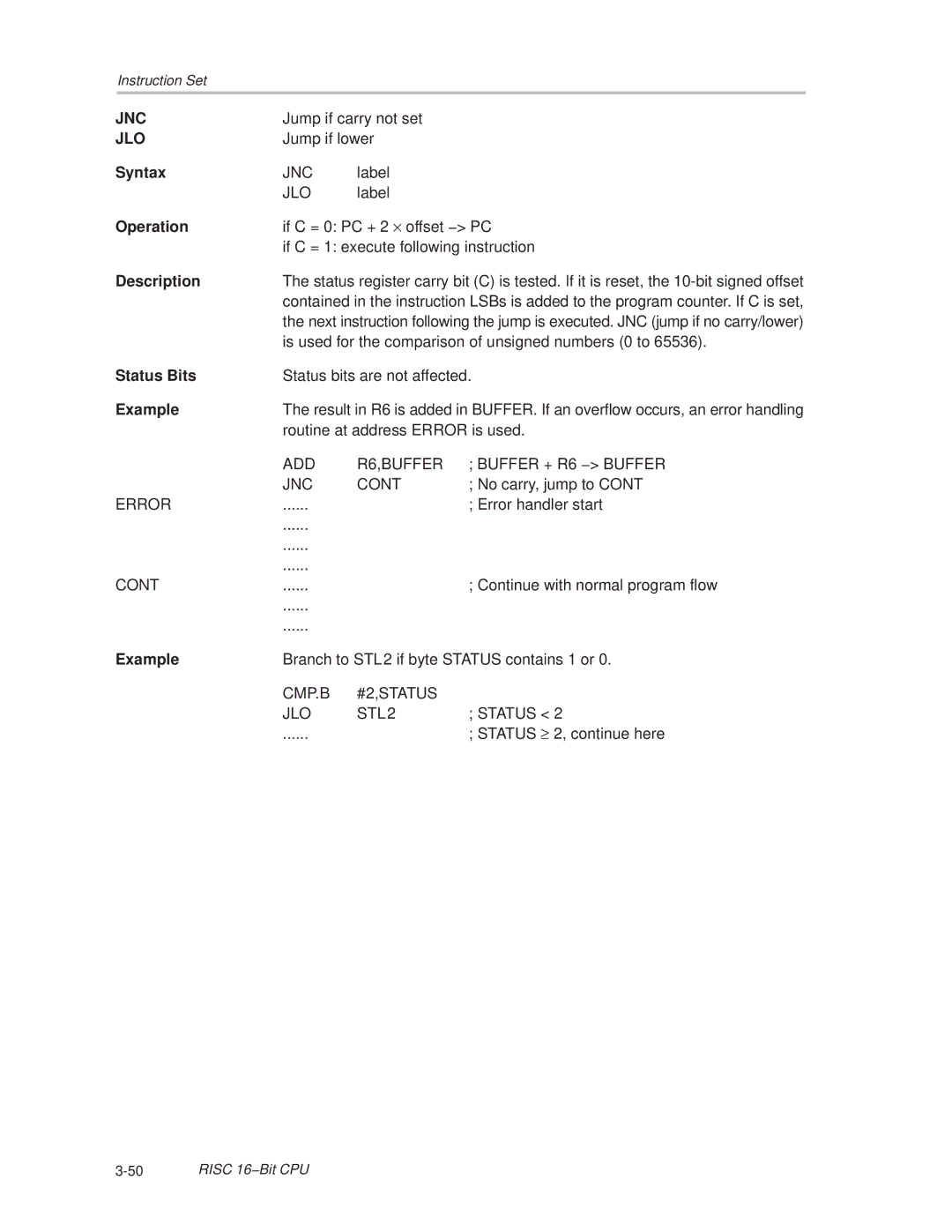 Texas Instruments MSP430x1xx manual Jnc, Jlo 