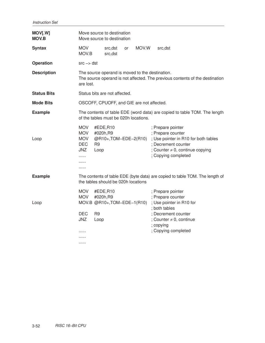 Texas Instruments MSP430x1xx manual Mov.W, Mov.B 