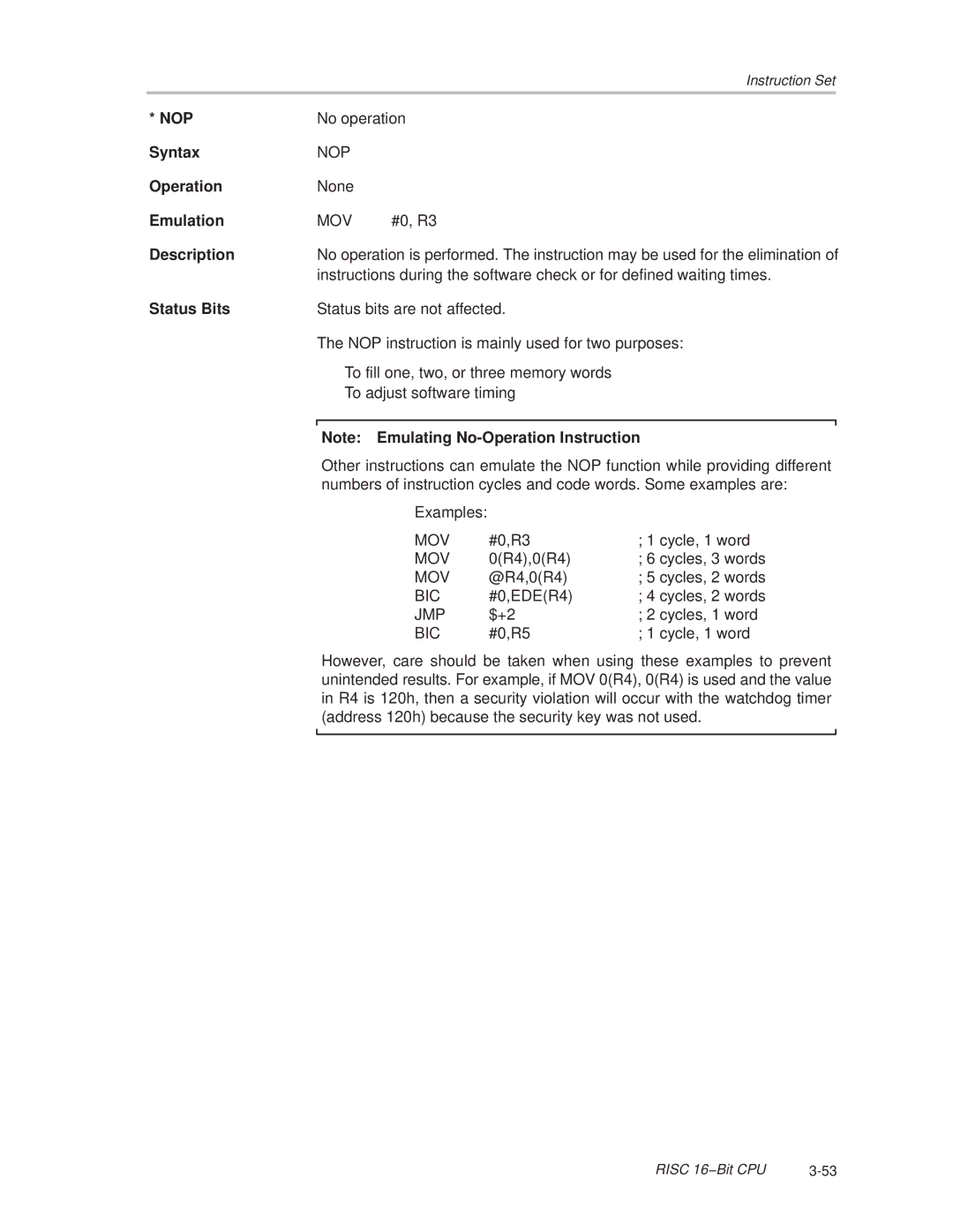 Texas Instruments MSP430x1xx manual Nop 