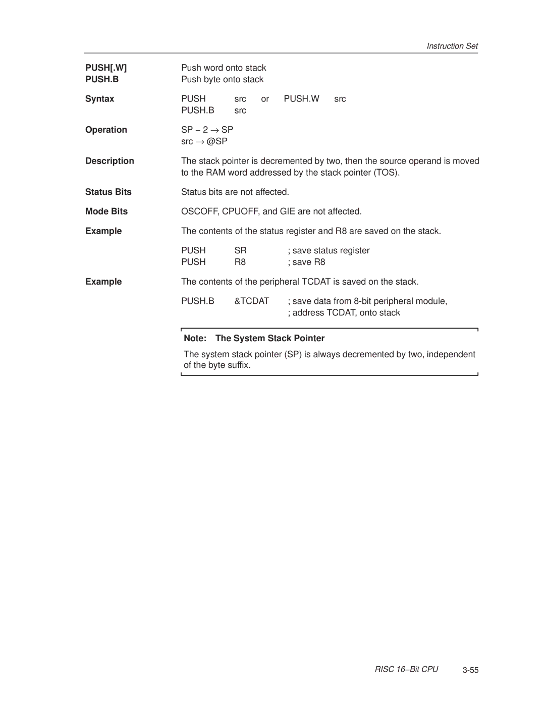 Texas Instruments MSP430x1xx manual Push.W, Push.B 